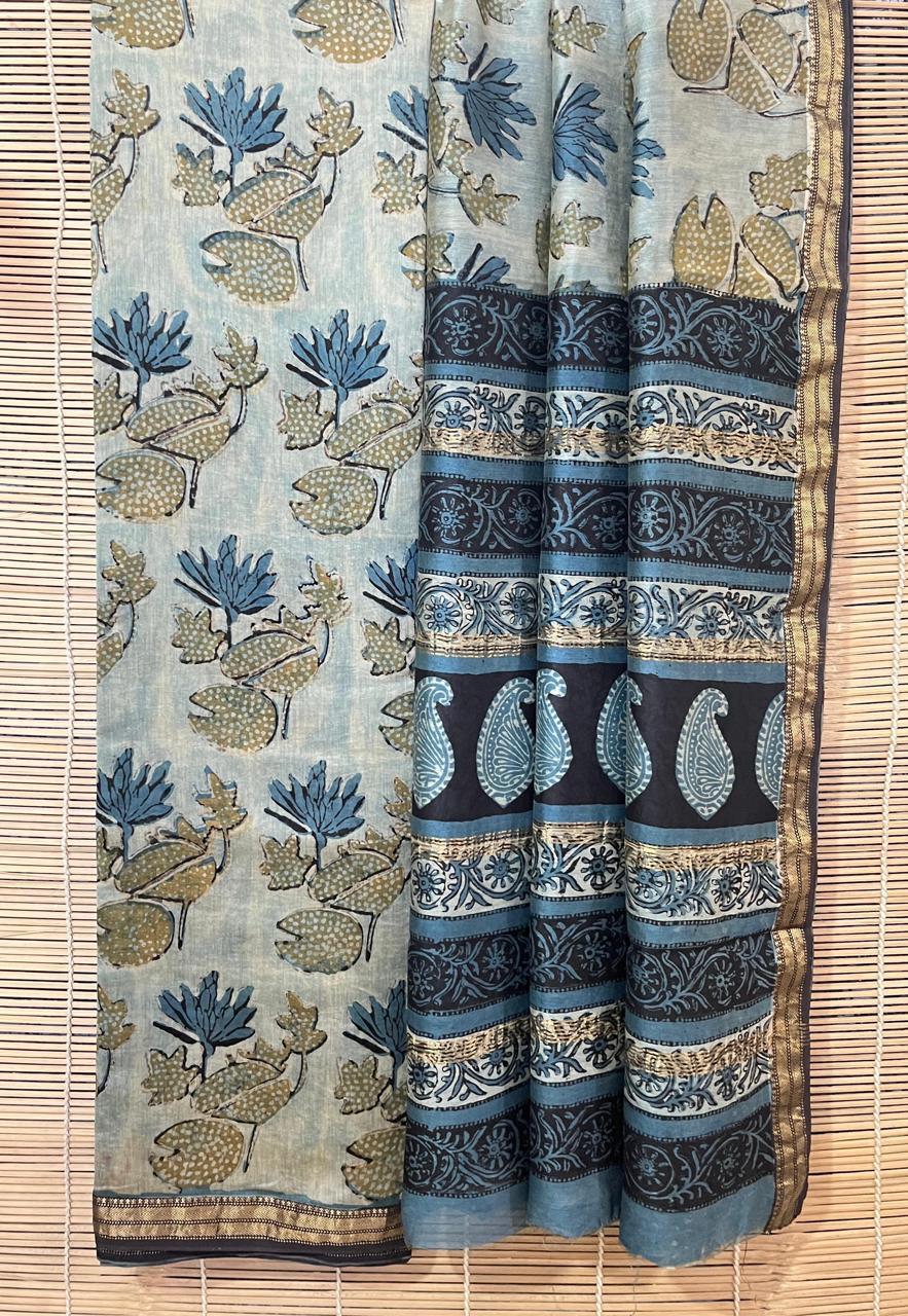 Ranjitha | Blue and Grey Block Printed Maheshwari Saree