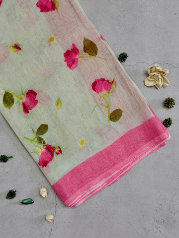 Pranila | Blue and Pink Floral Printed Linen Saree
