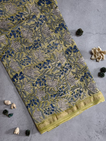 Samritha | Green Floral Block Printed Chanderi Saree
