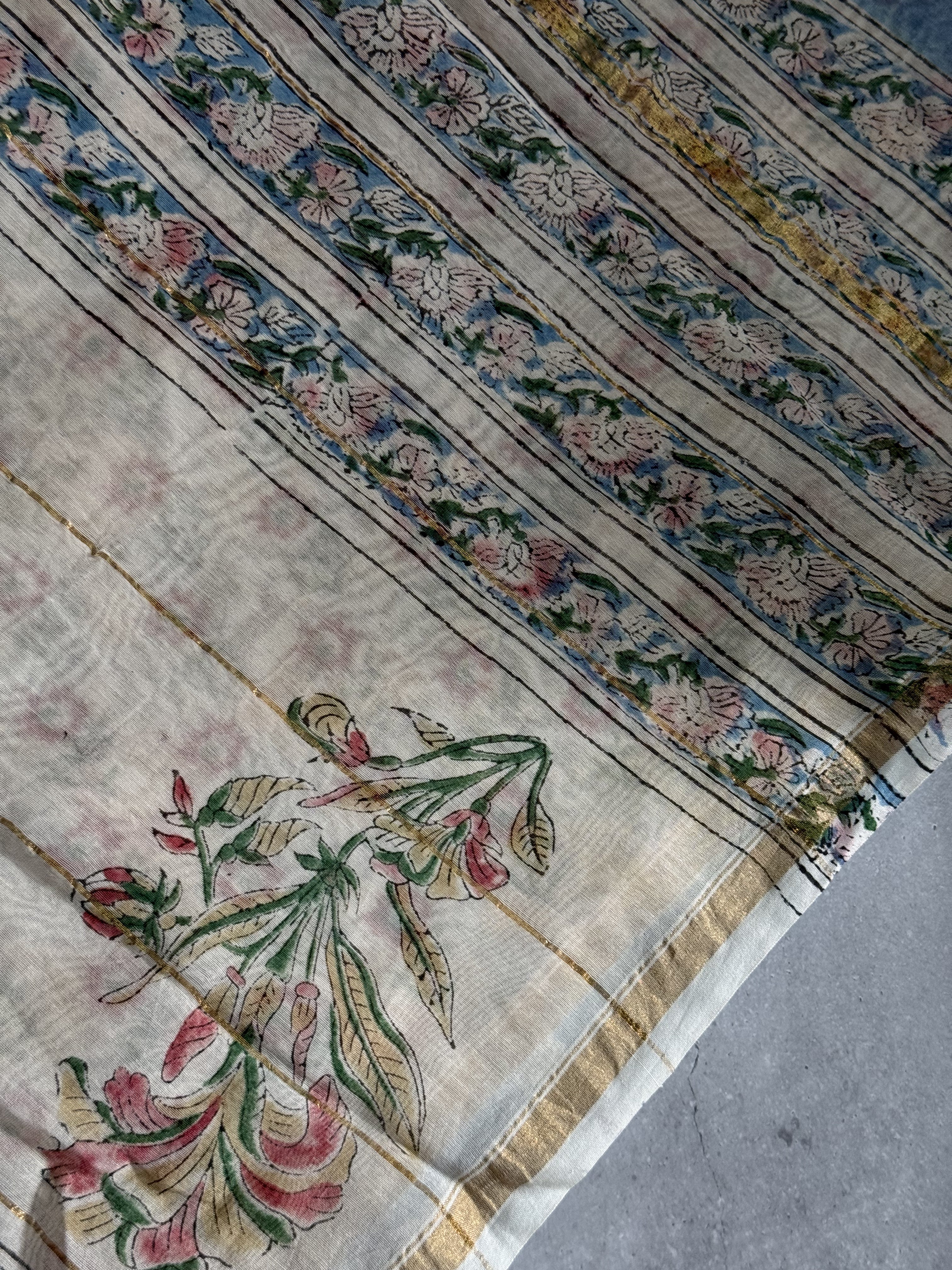Thiya | Blue Floral Block Printed Chanderi Saree