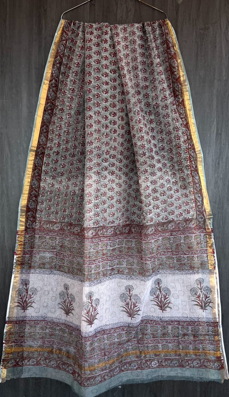 Amrapali | Pastel Green with Red Block Printed Kota Saree
