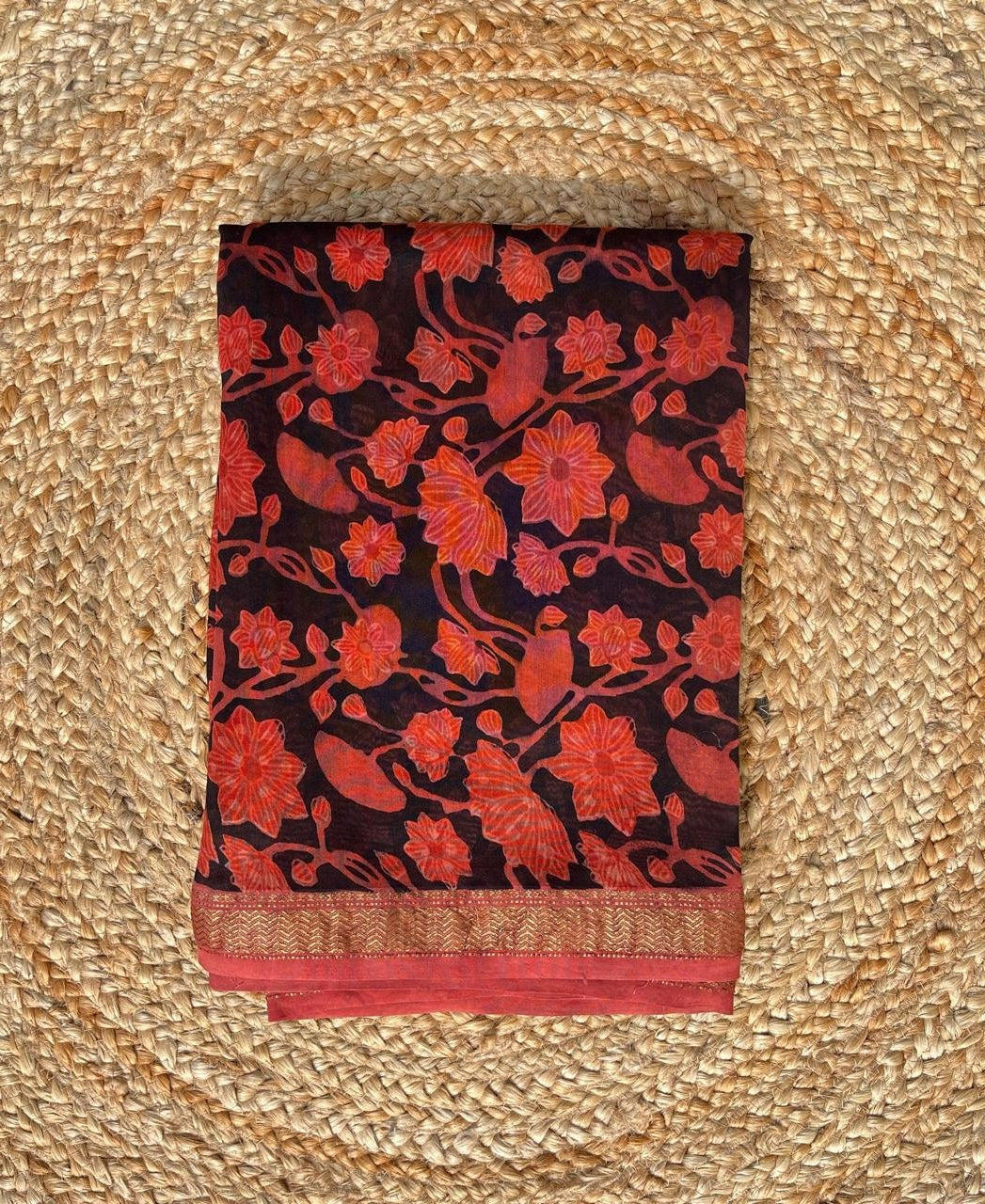 Vaidehi | Saffron and Black Block Printed Maheshwari Saree