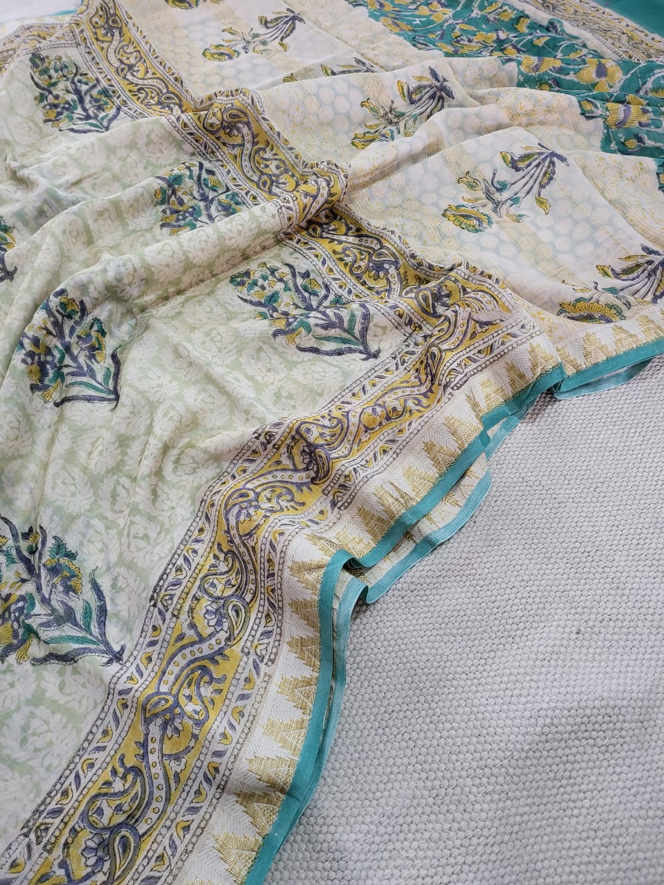 Parna | White and Blue Block Printed Maheshwari Saree