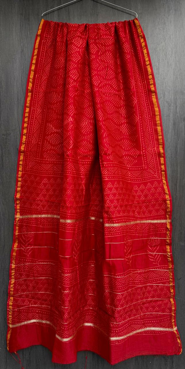 Sampanga | Red and Gold Floral Block Printed Chanderi Saree