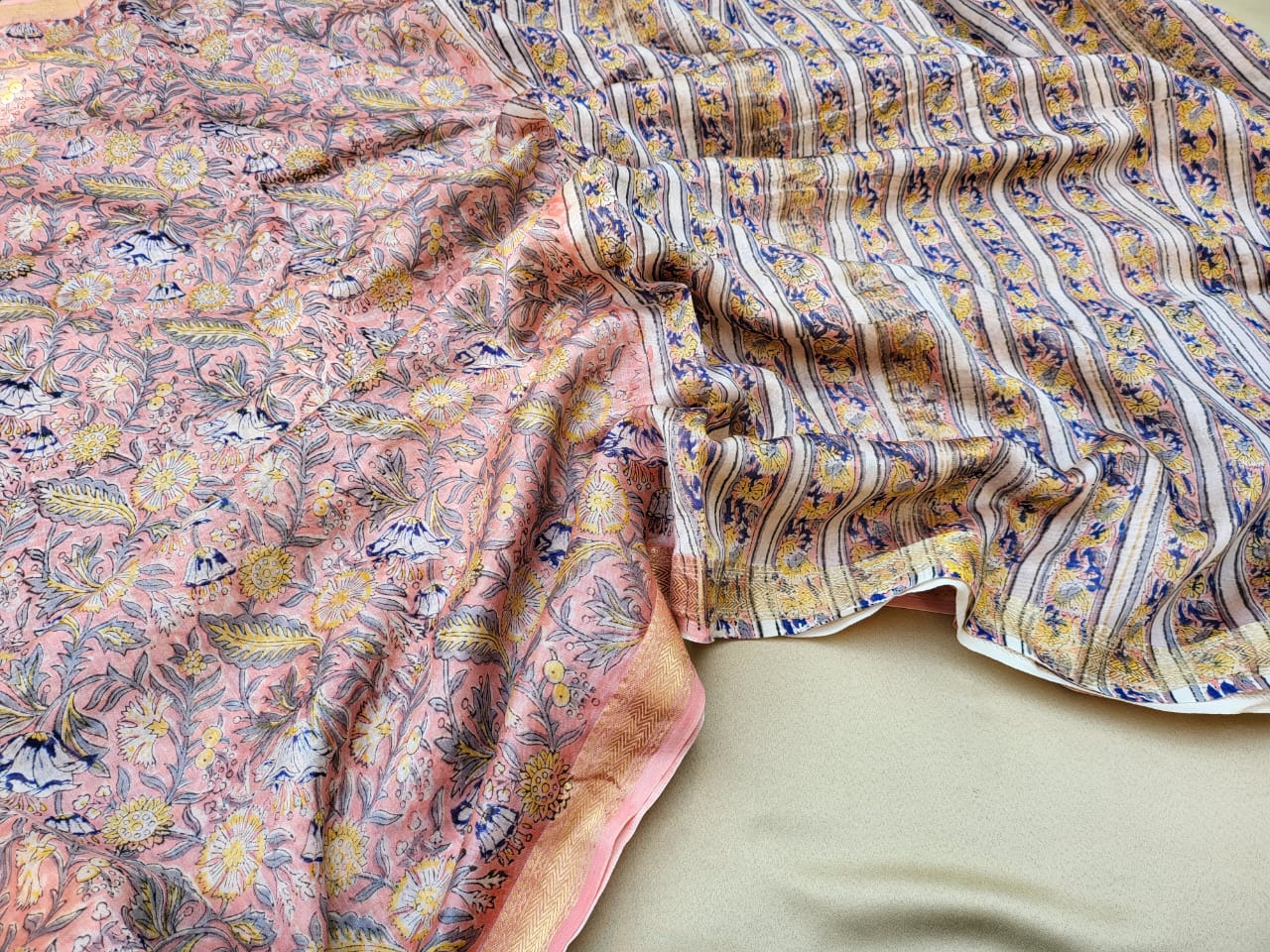 Kashiyapa| Coral Pink Block Printed Maheshwari Saree