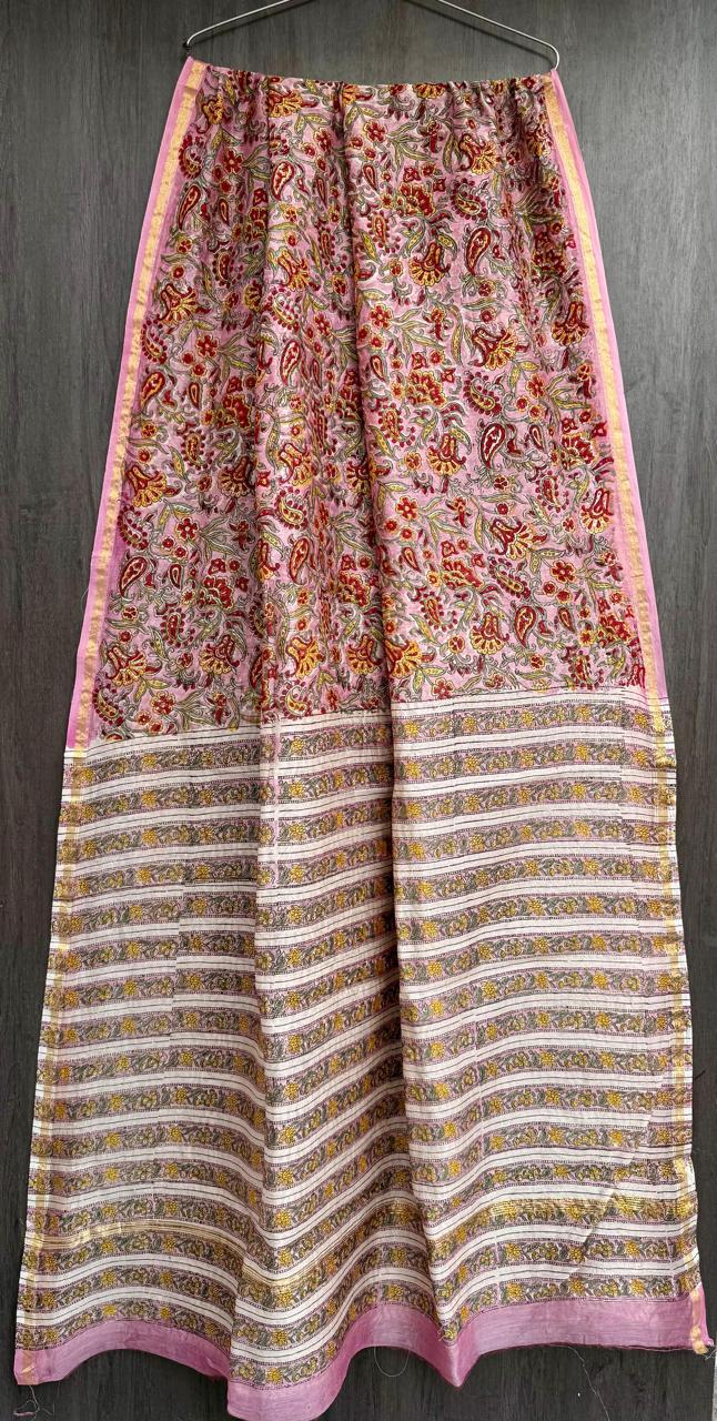 Ravika | Pink and Red Floral Block Printed Chanderi Saree