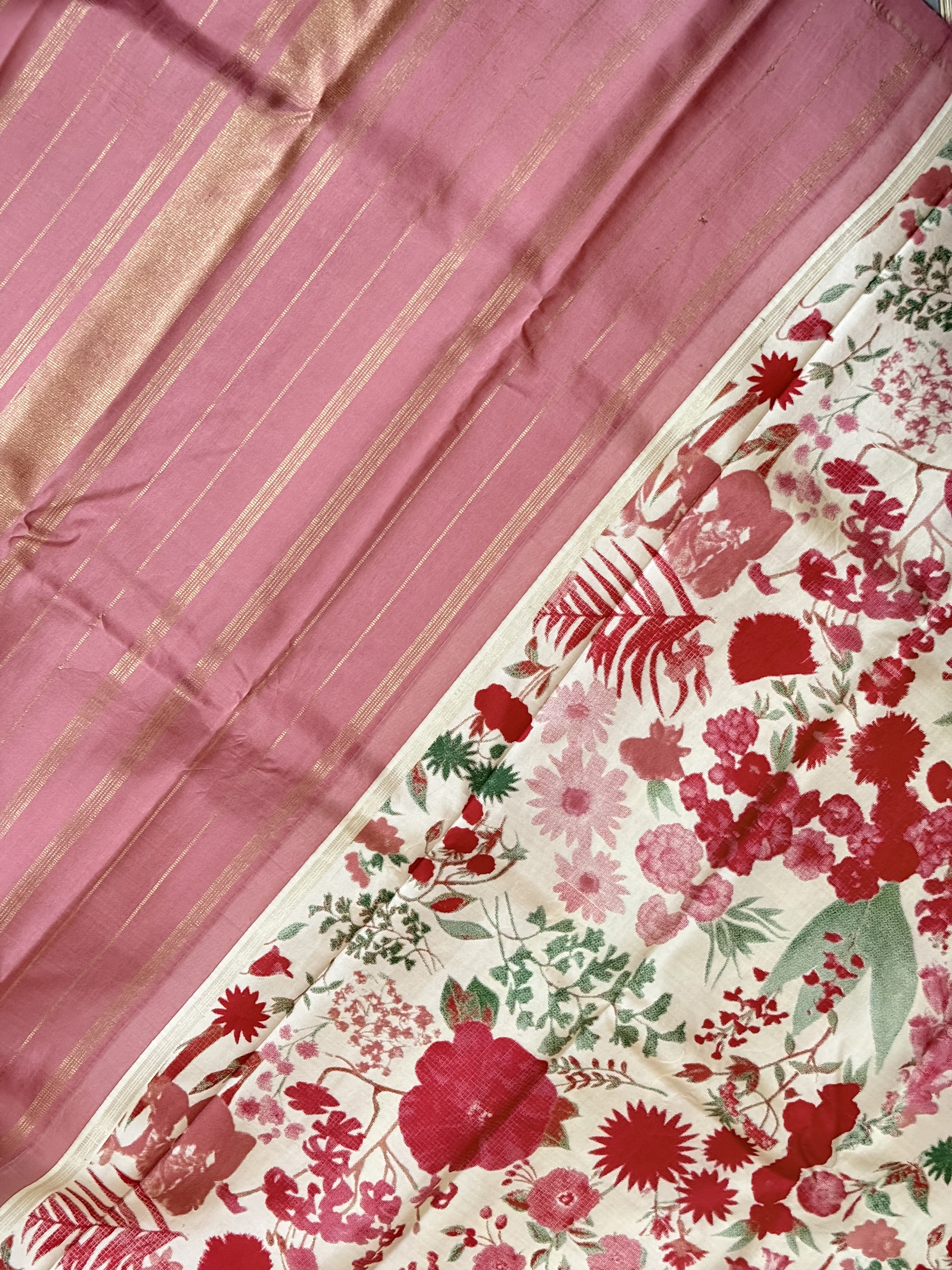 Alankrita | Pink and Red Floral Printed Kanjivaram Silk Saree