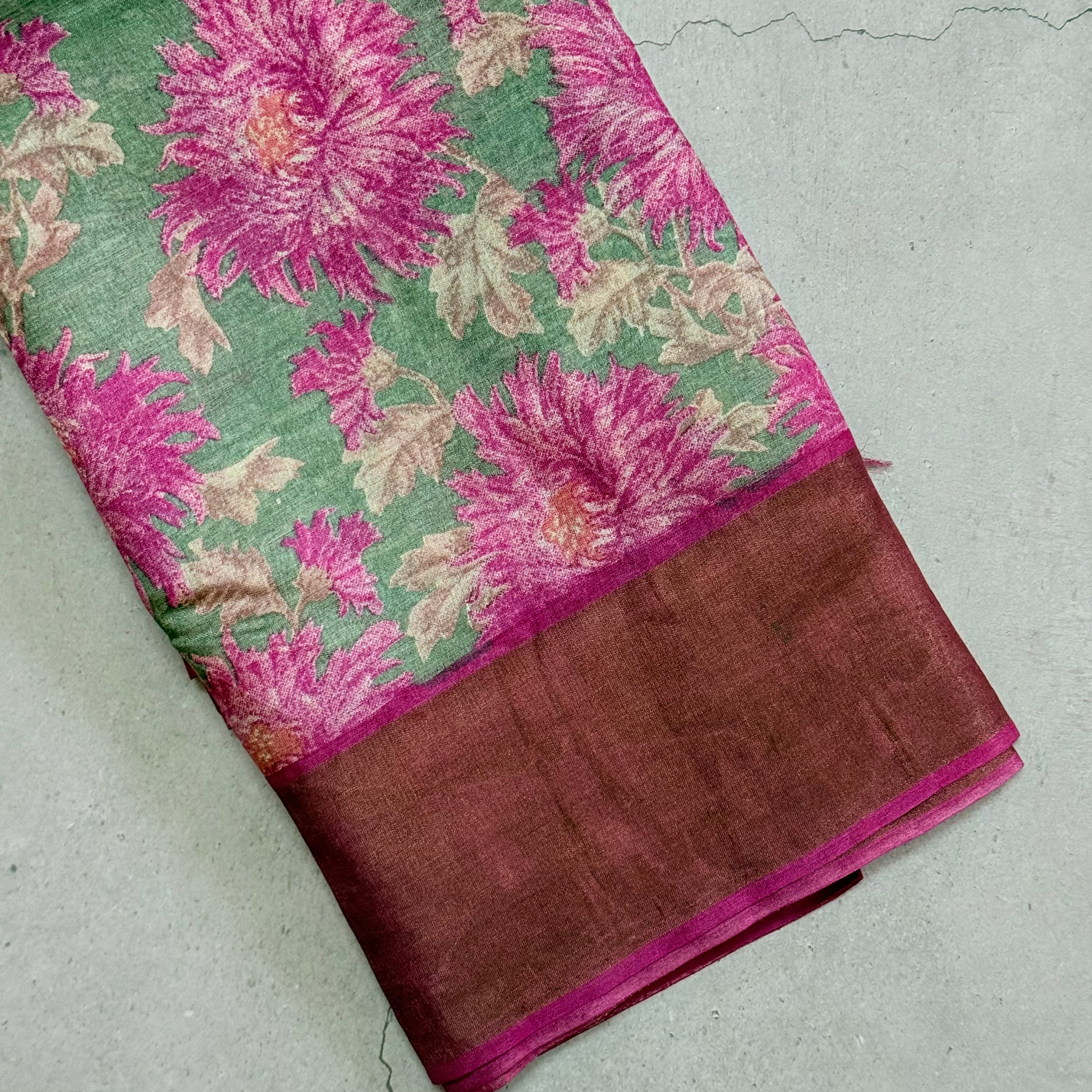 Aravinda | Green and Pink Floral Printed Tussar Silk Saree