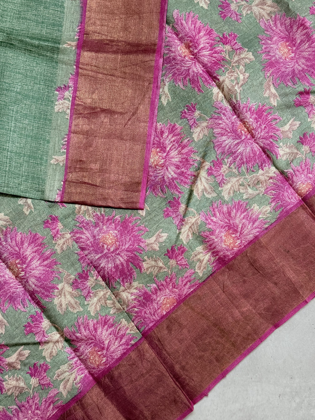 Aravinda | Green and Pink Floral Printed Tussar Silk Saree