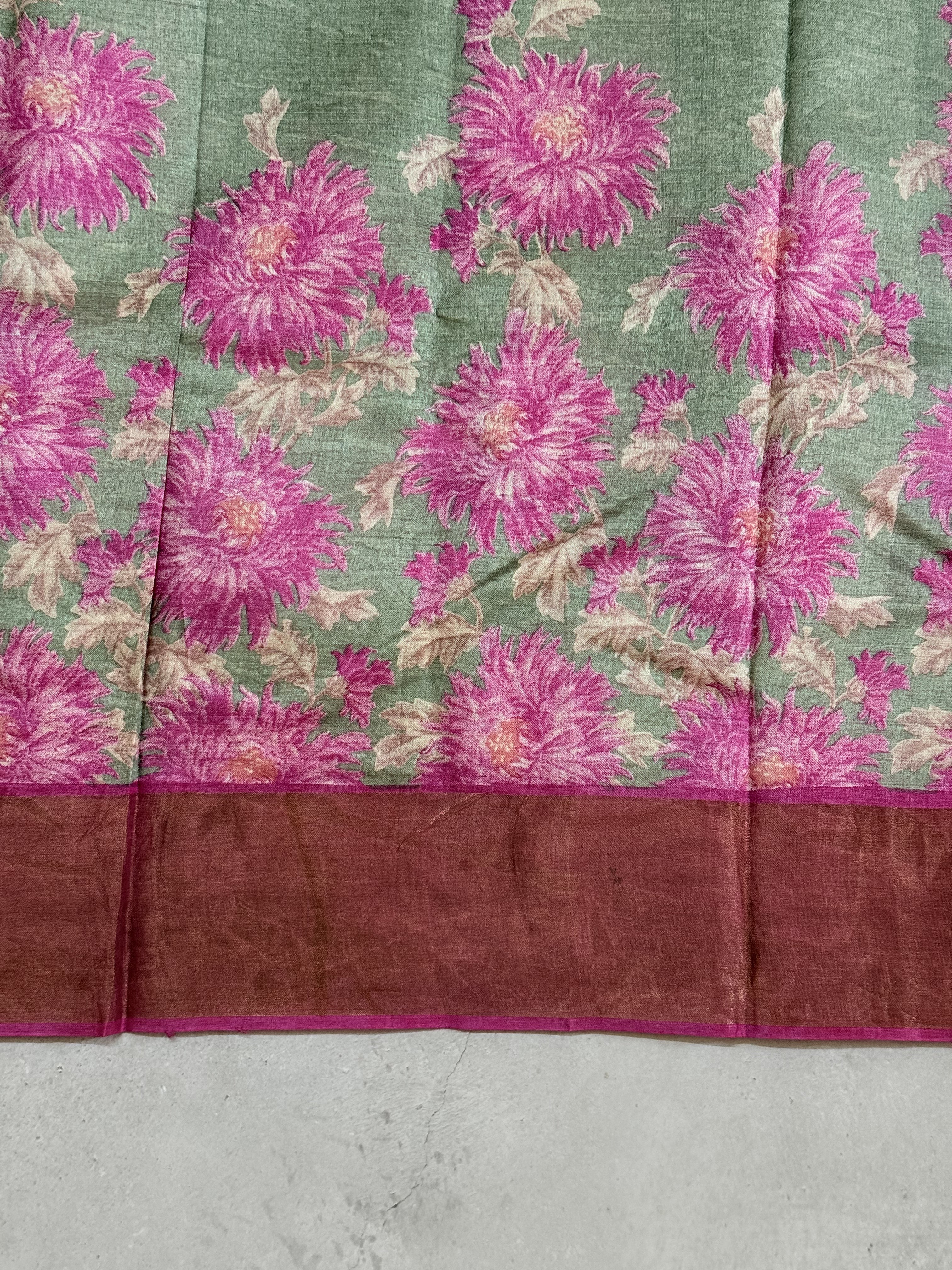 Aravinda | Green and Pink Floral Printed Tussar Silk Saree
