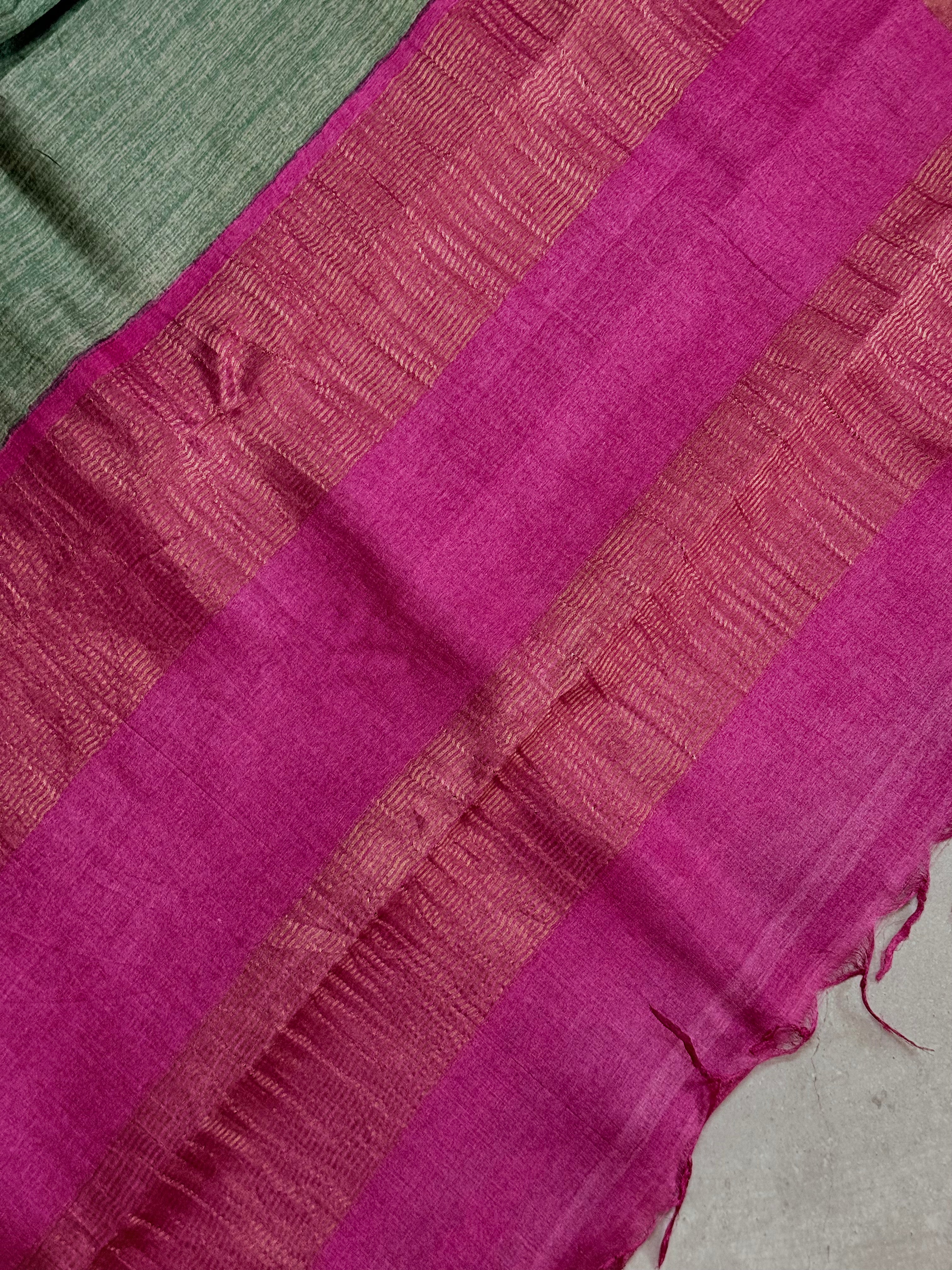 Aravinda | Green and Pink Floral Printed Tussar Silk Saree