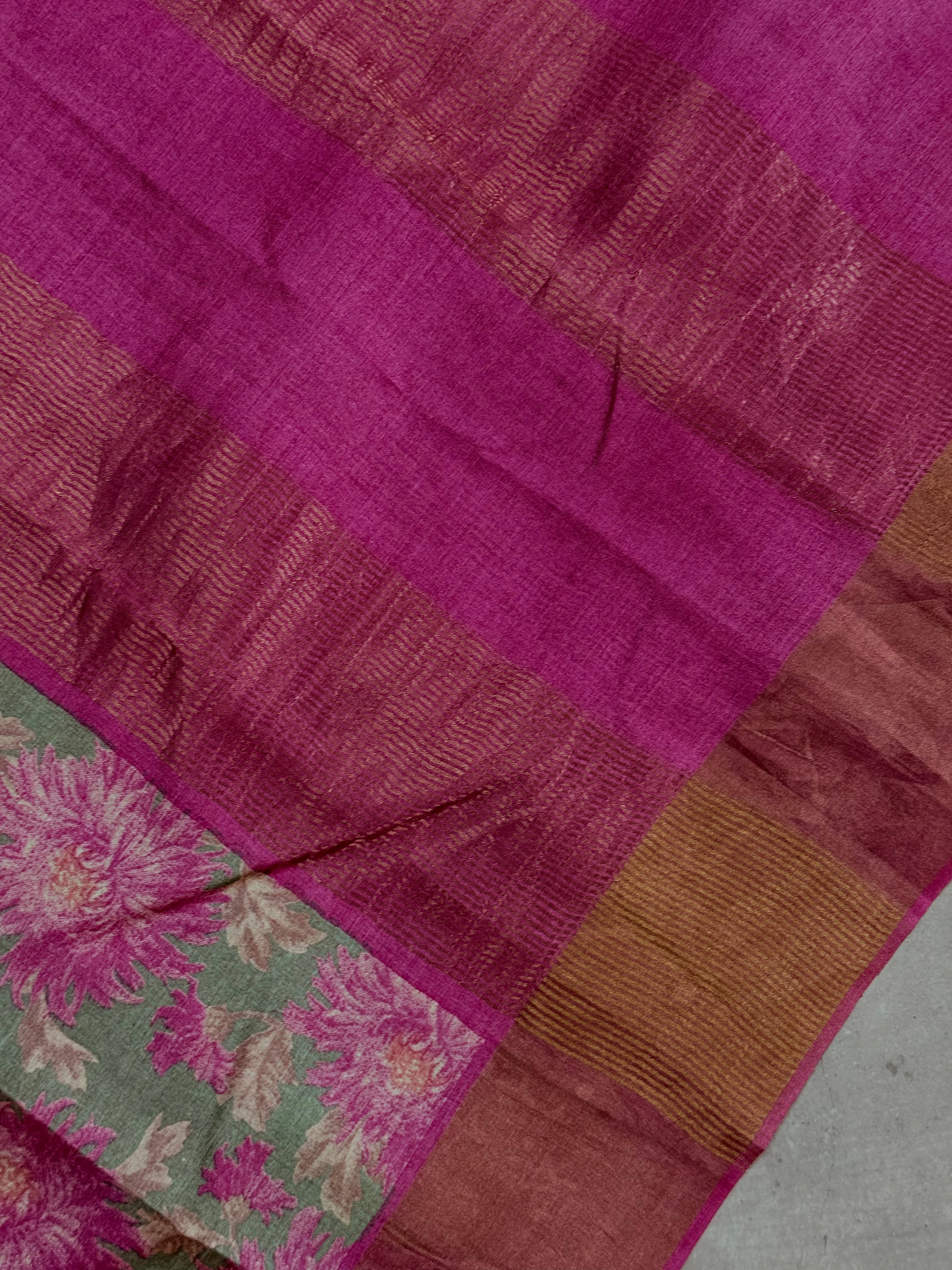Aravinda | Green and Pink Floral Printed Tussar Silk Saree