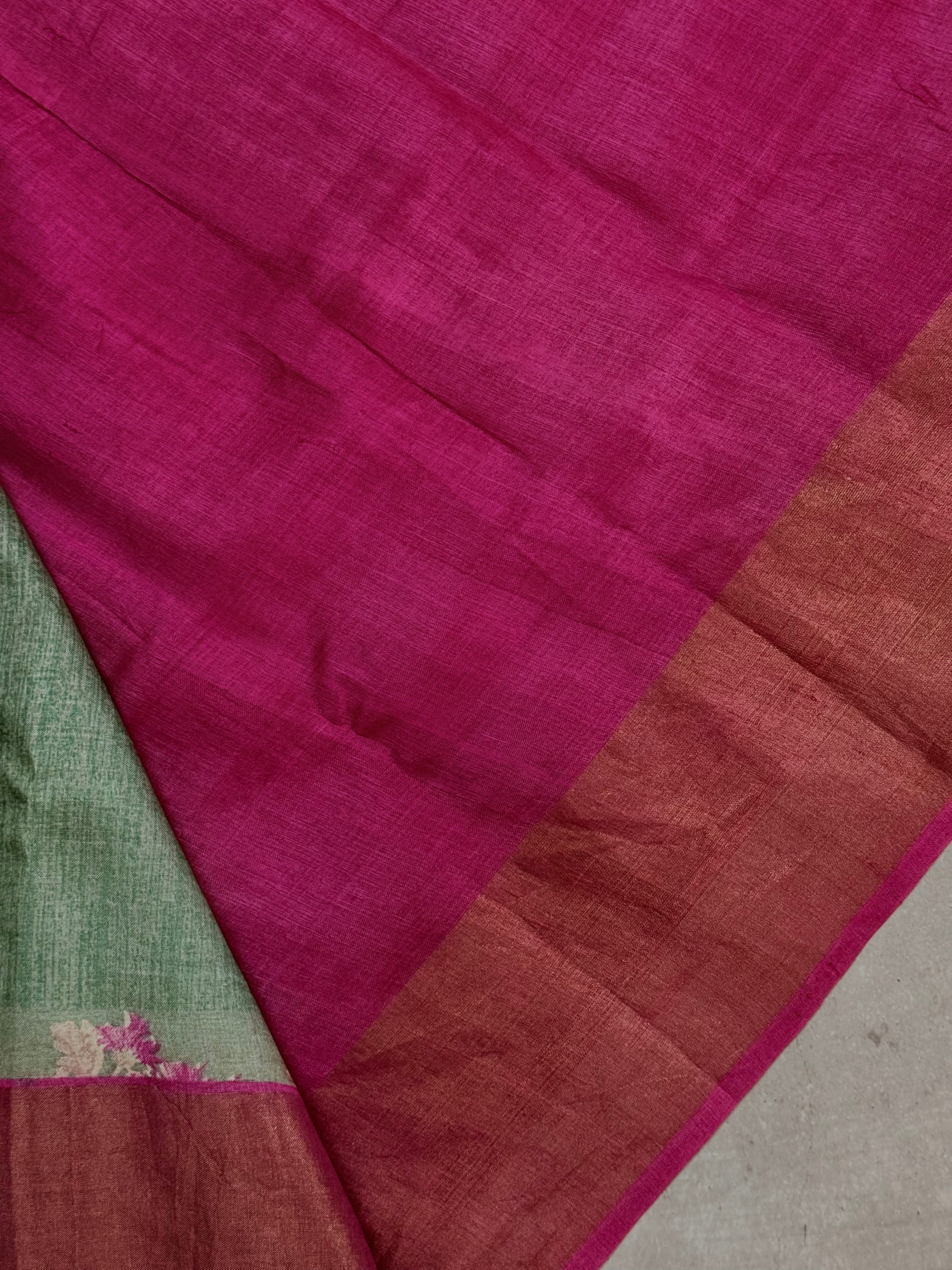 Aravinda | Green and Pink Floral Printed Tussar Silk Saree