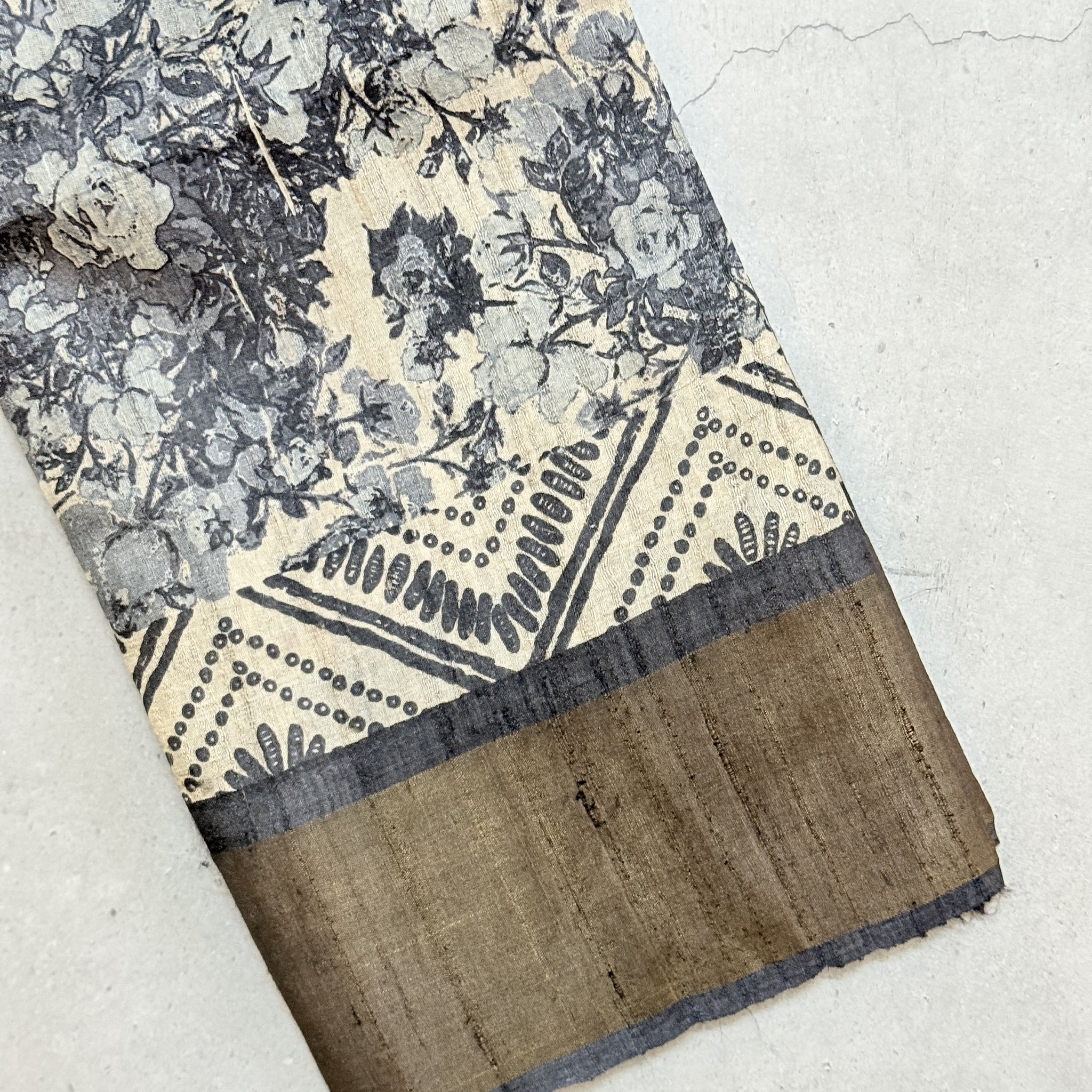 Arunima | Black and White Floral Printed Tussar Silk Saree