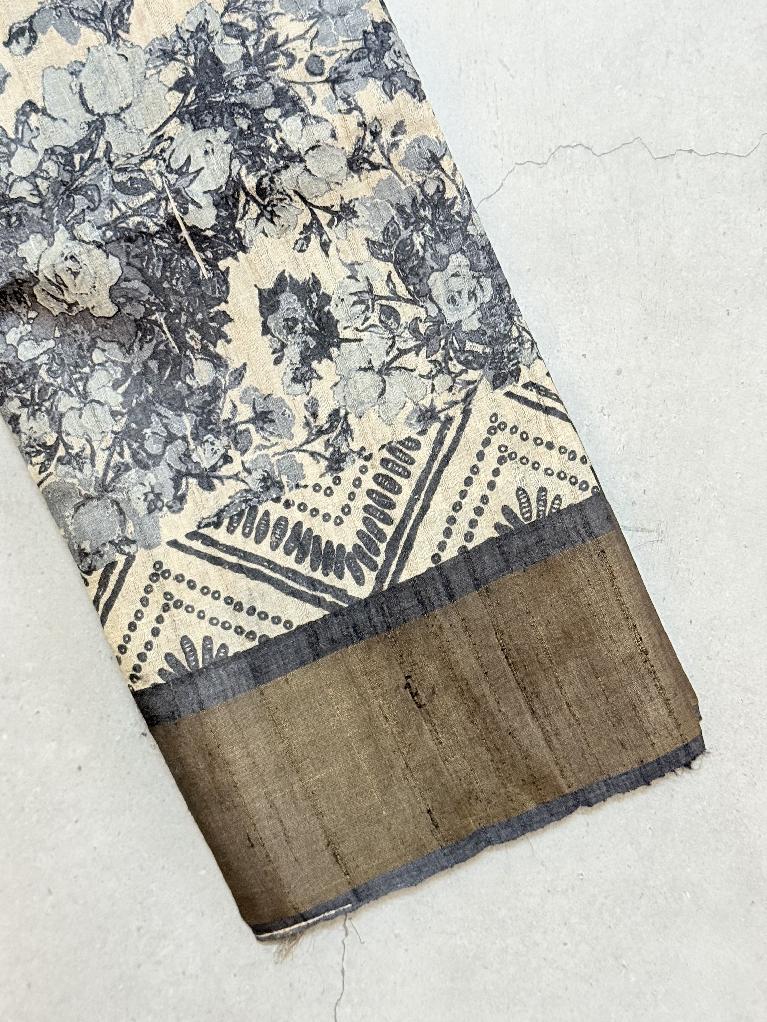 Arunima | Black and White Floral Printed Tussar Silk Saree