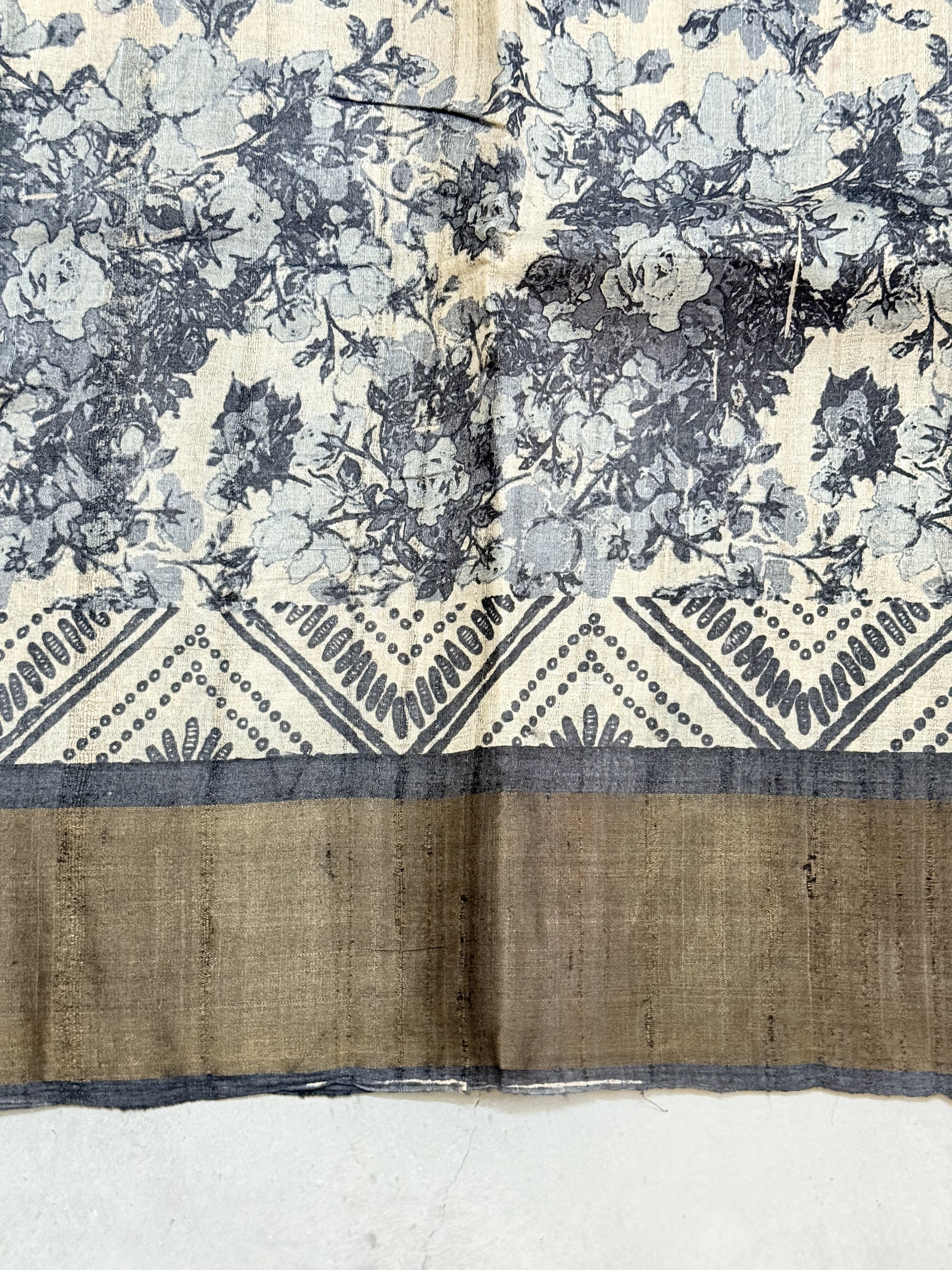 Arunima | Black and White Floral Printed Tussar Silk Saree