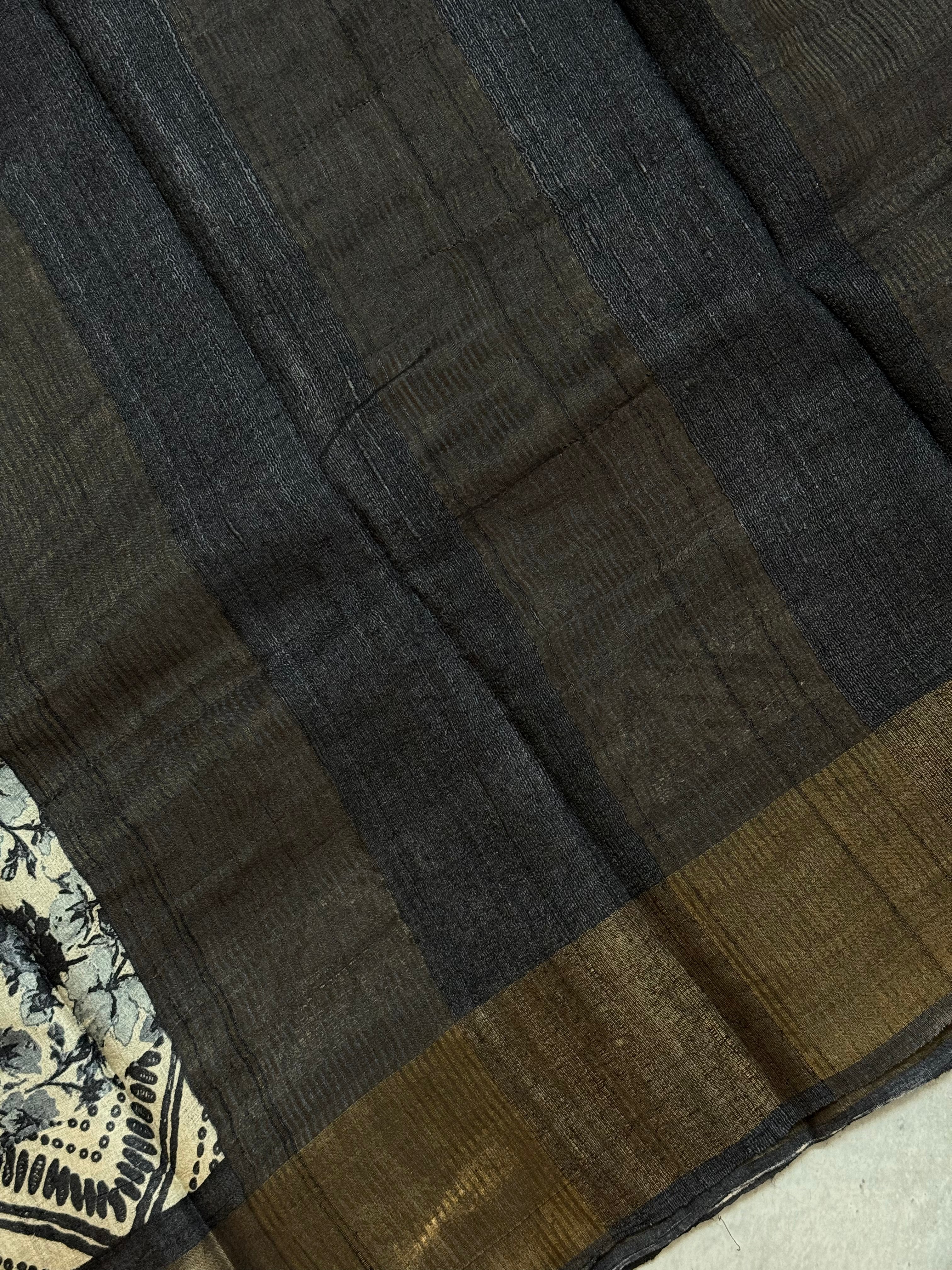 Arunima | Black and White Floral Printed Tussar Silk Saree