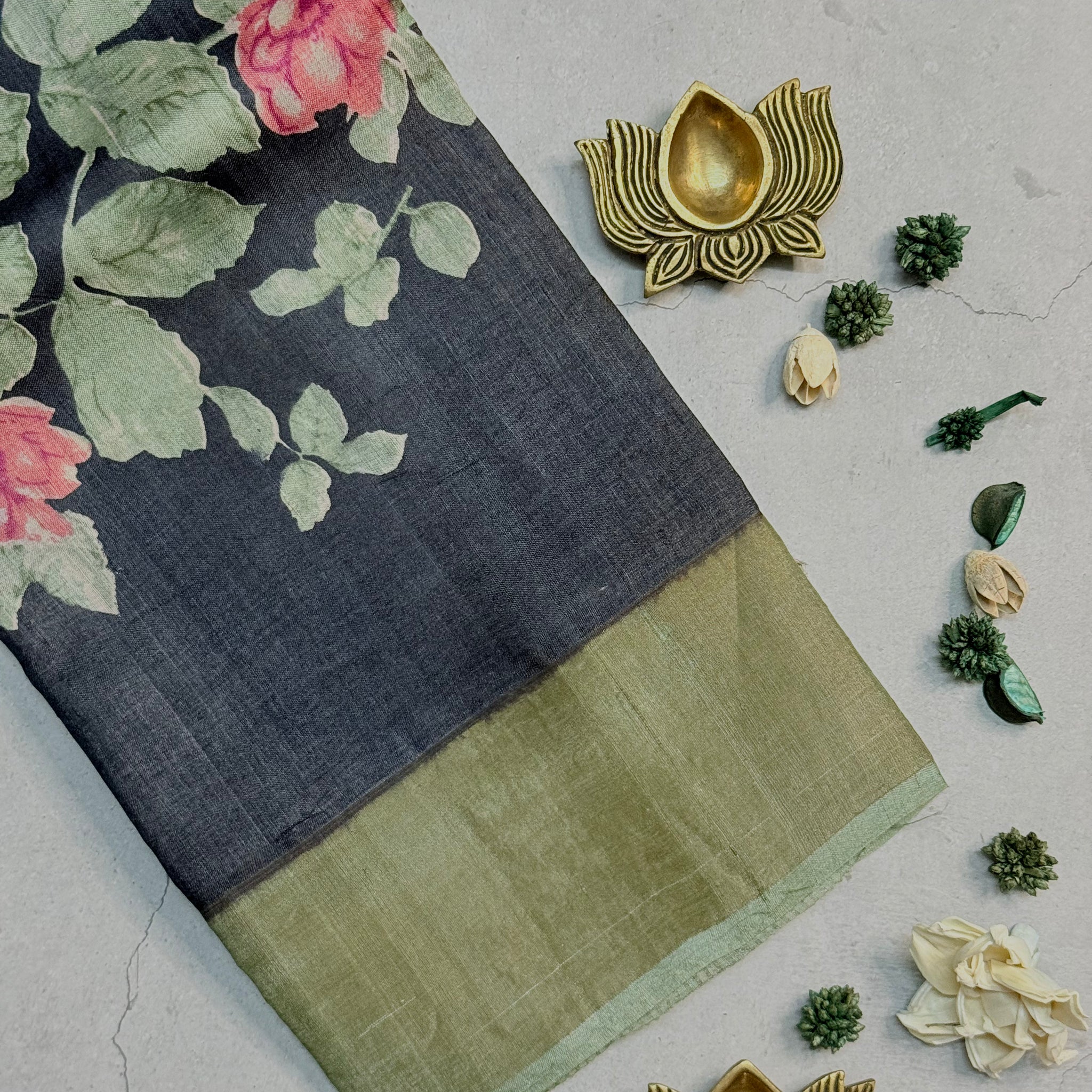 Aryani | Black and Green Floral Printed Tussar Silk Saree