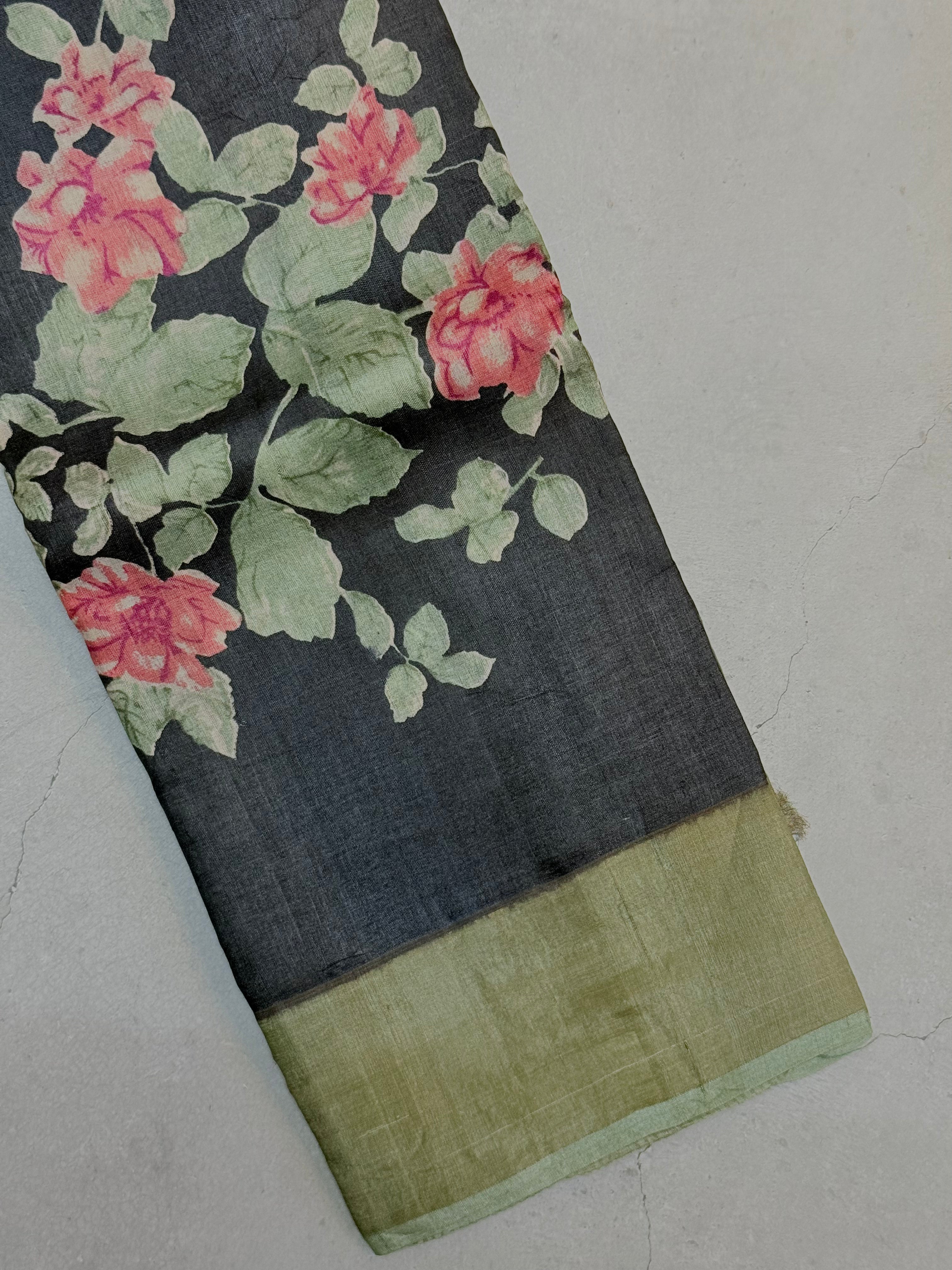 Aryani | Black and Green Floral Printed Tussar Silk Saree