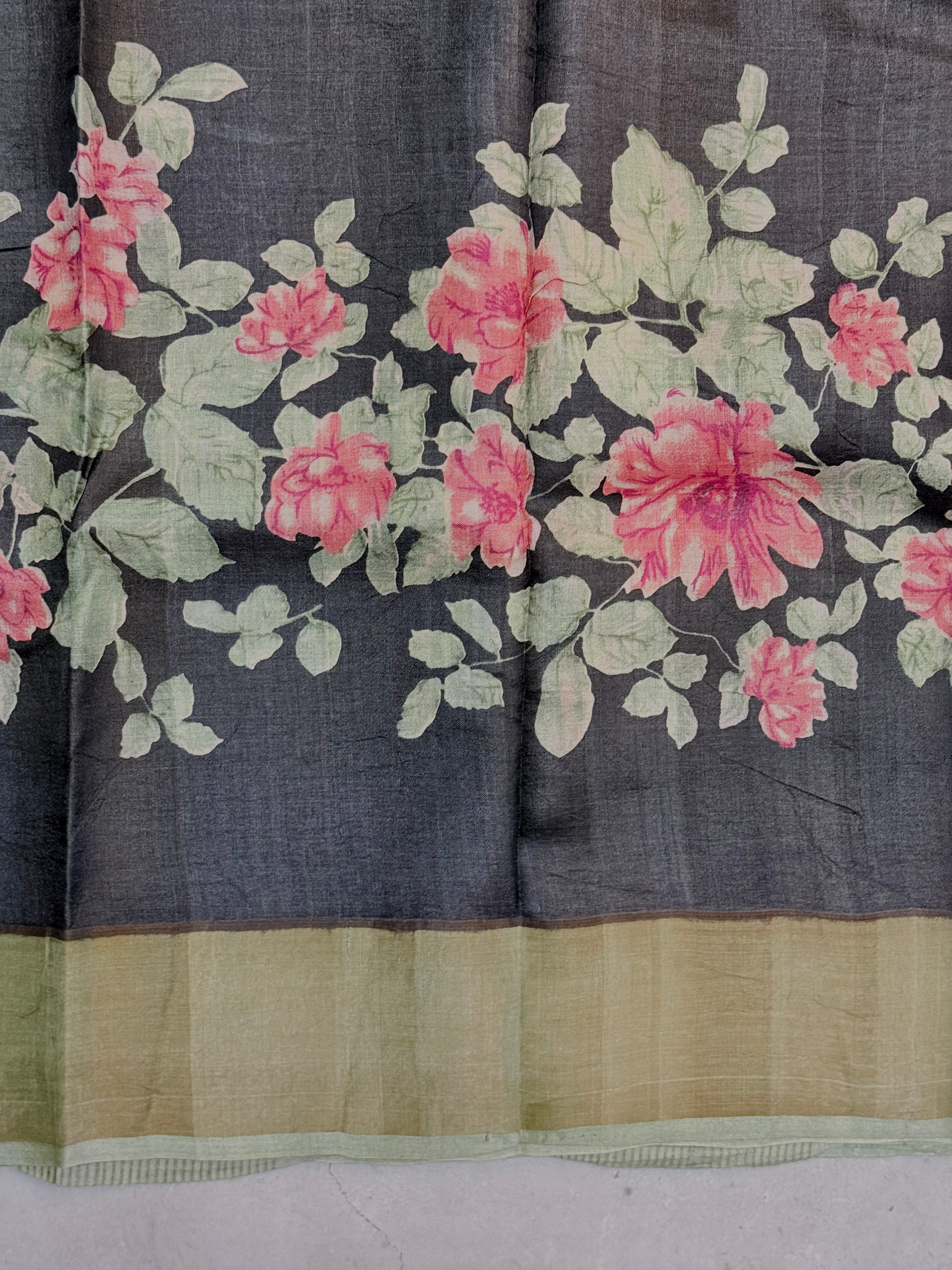 Aryani | Black and Green Floral Printed Tussar Silk Saree