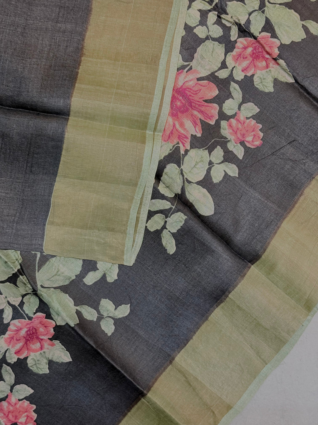 Aryani | Black and Green Floral Printed Tussar Silk Saree