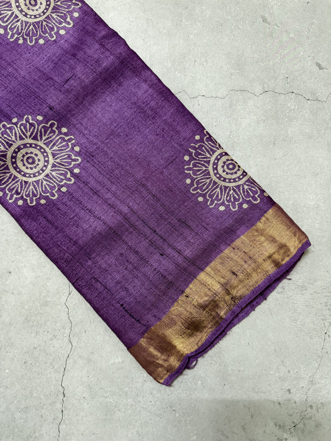 Bhanaavi | Purple Block Printed Tussar Silk Saree