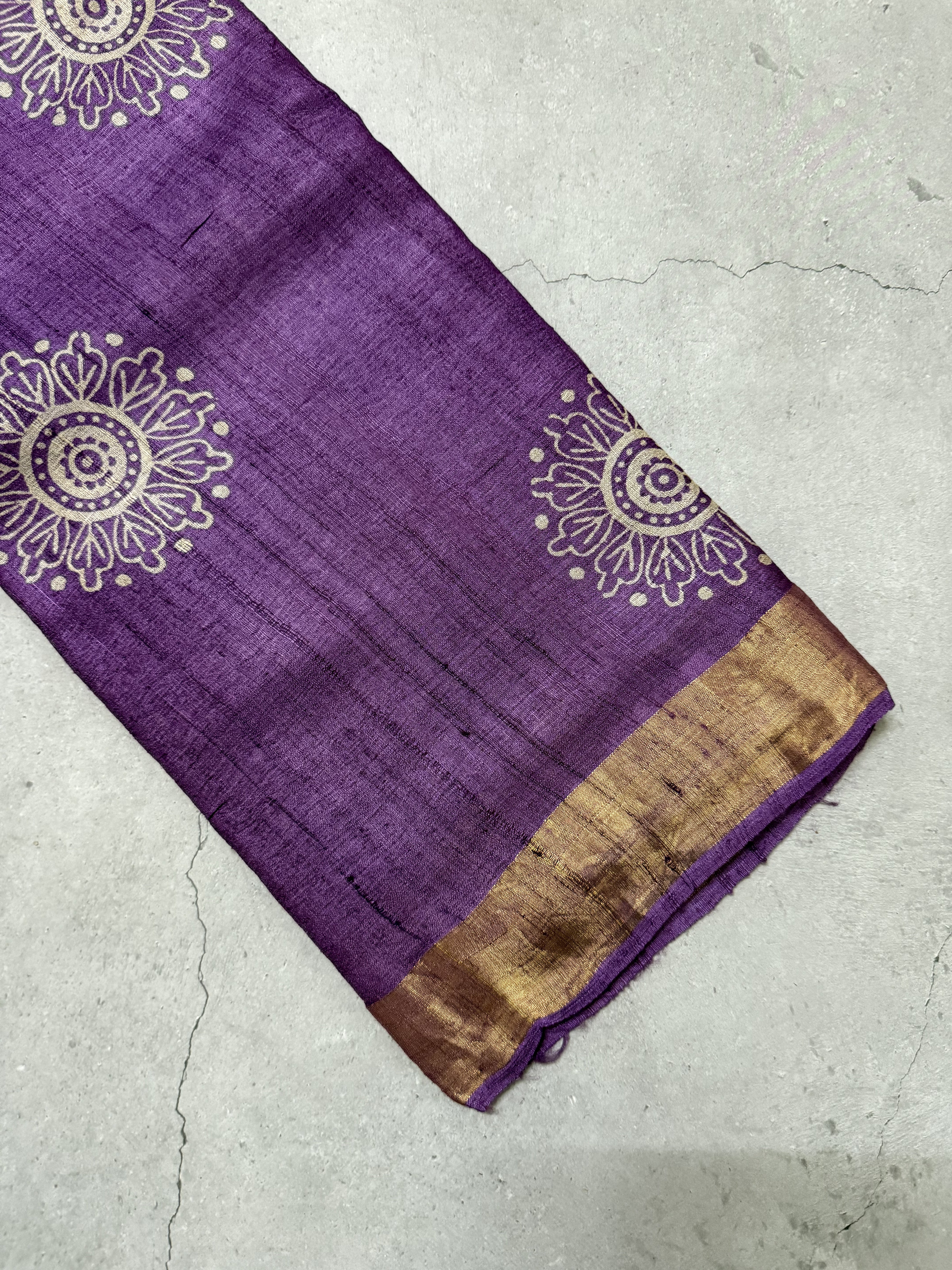 Bhanaavi | Purple Block Printed Tussar Silk Saree