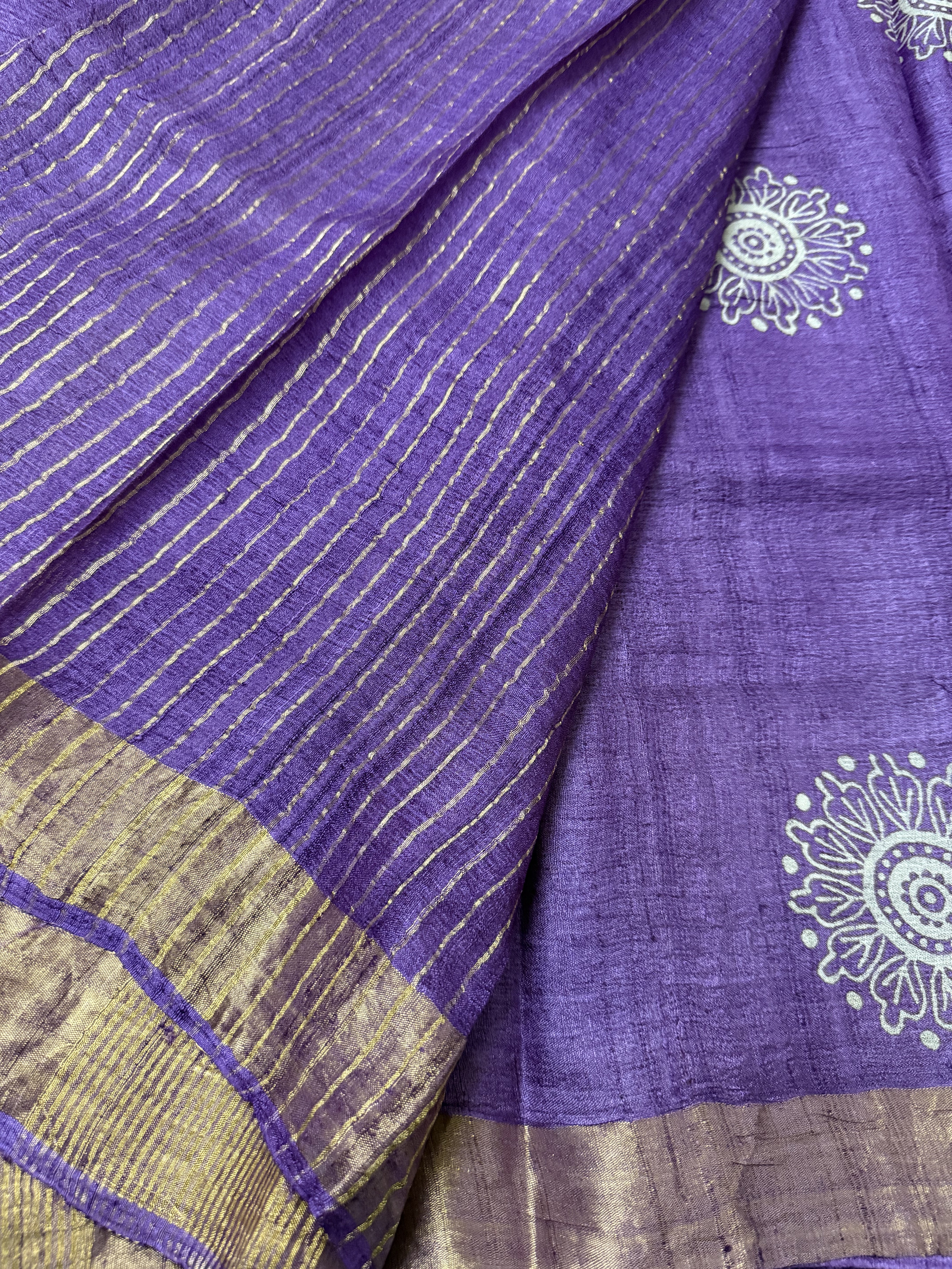 Bhanaavi | Purple Block Printed Tussar Silk Saree