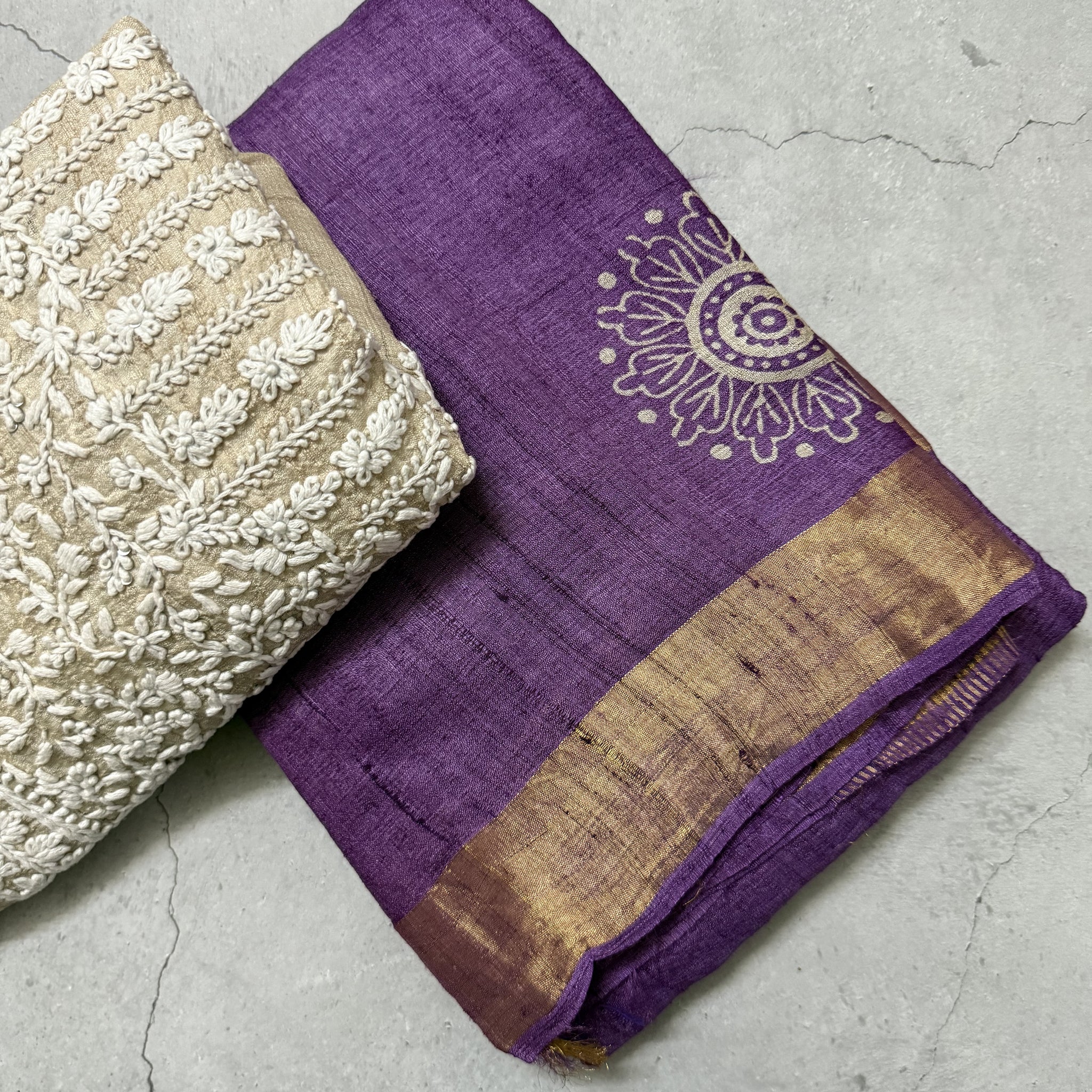Bhanaavi | Purple Block Printed Tussar Silk Saree