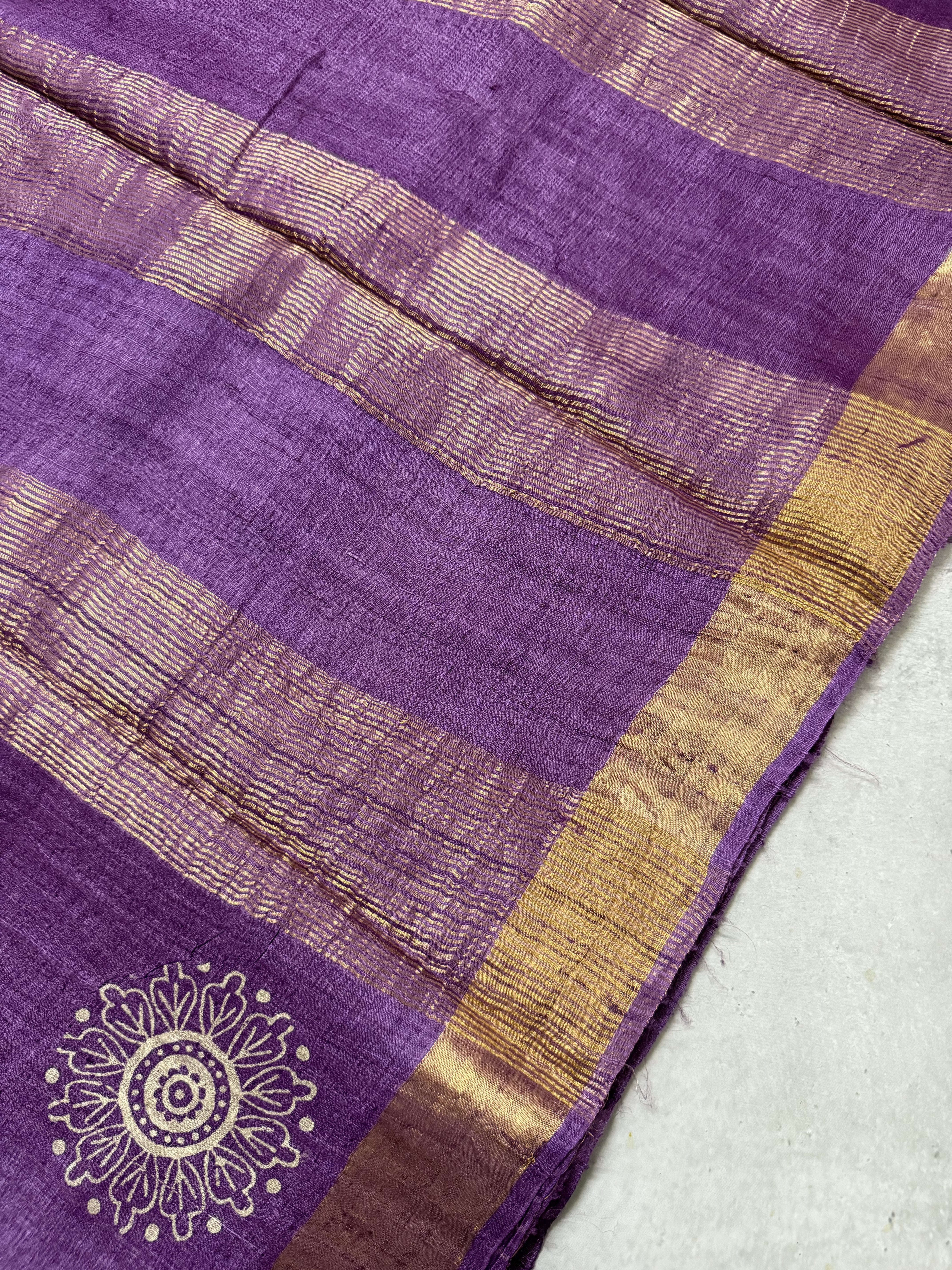 Bhanaavi | Purple Block Printed Tussar Silk Saree