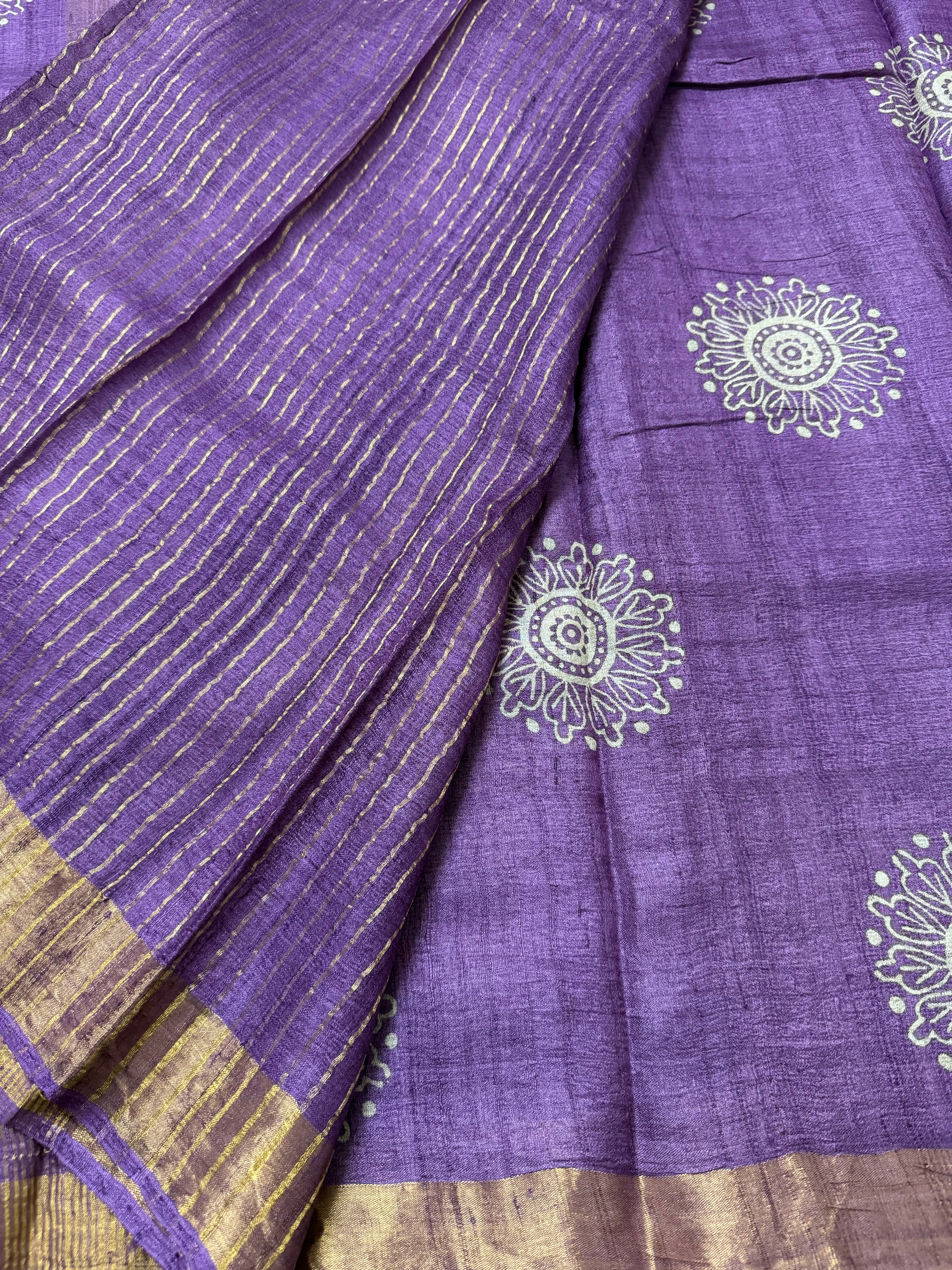 Bhanaavi | Purple Block Printed Tussar Silk Saree