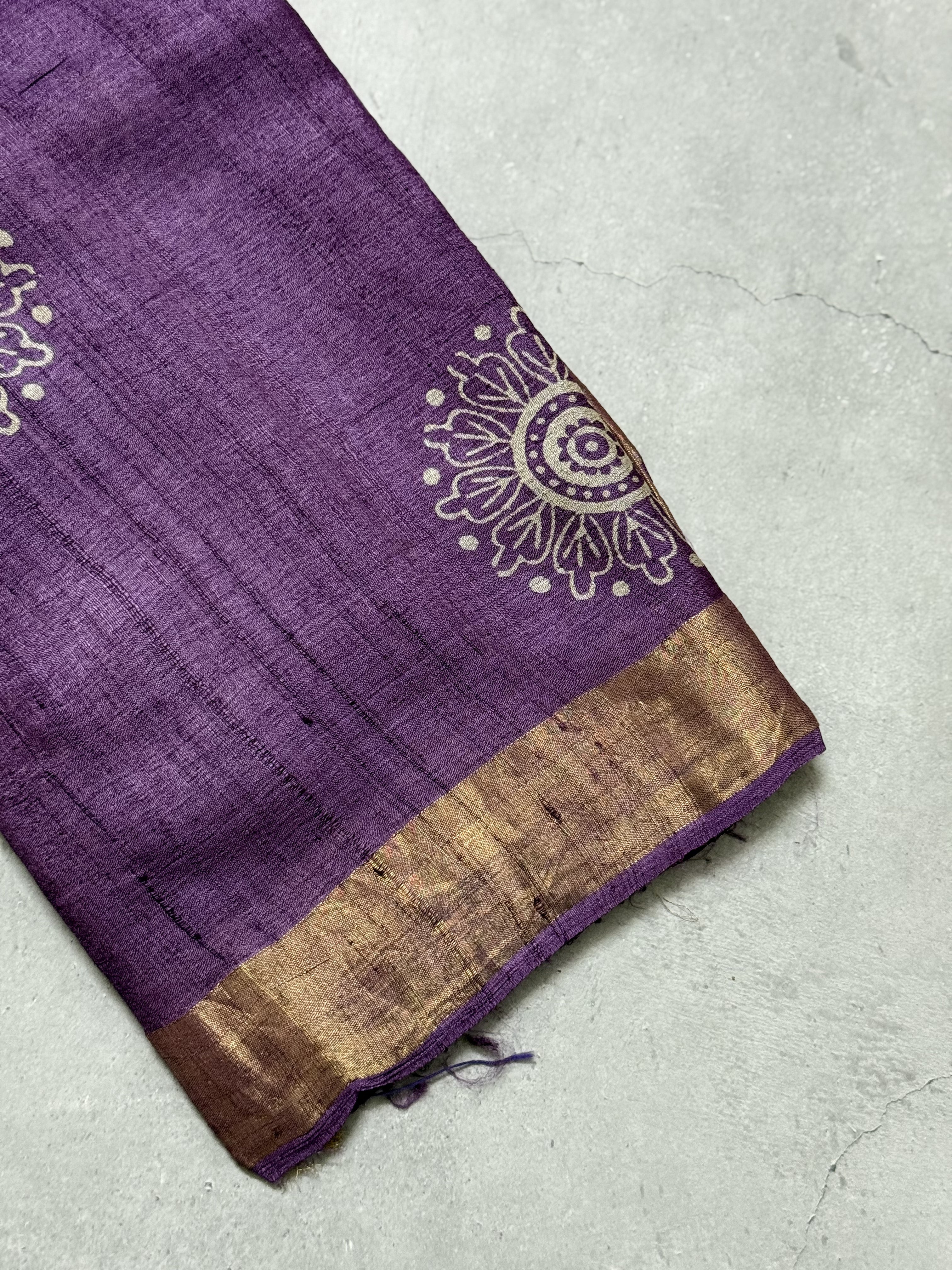 Bhanaavi | Purple Block Printed Tussar Silk Saree