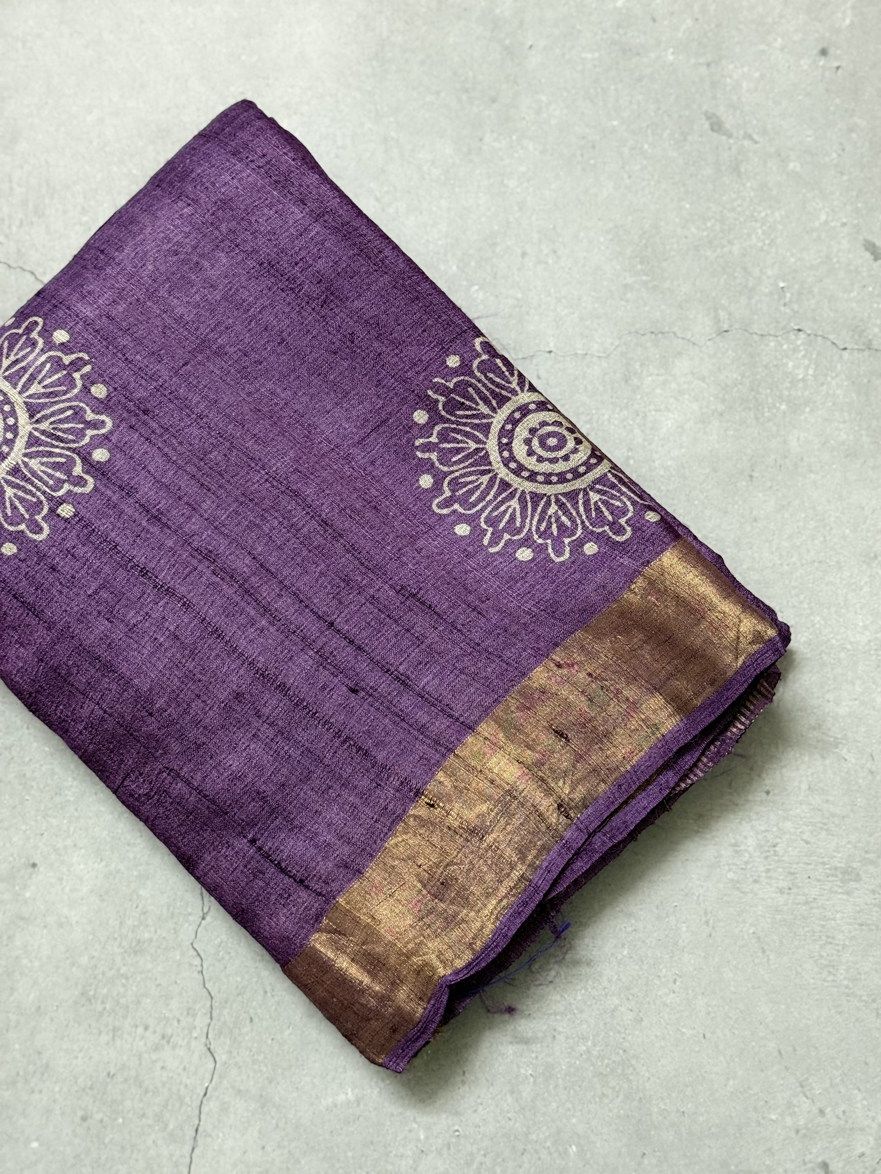 Bhanaavi | Purple Block Printed Tussar Silk Saree