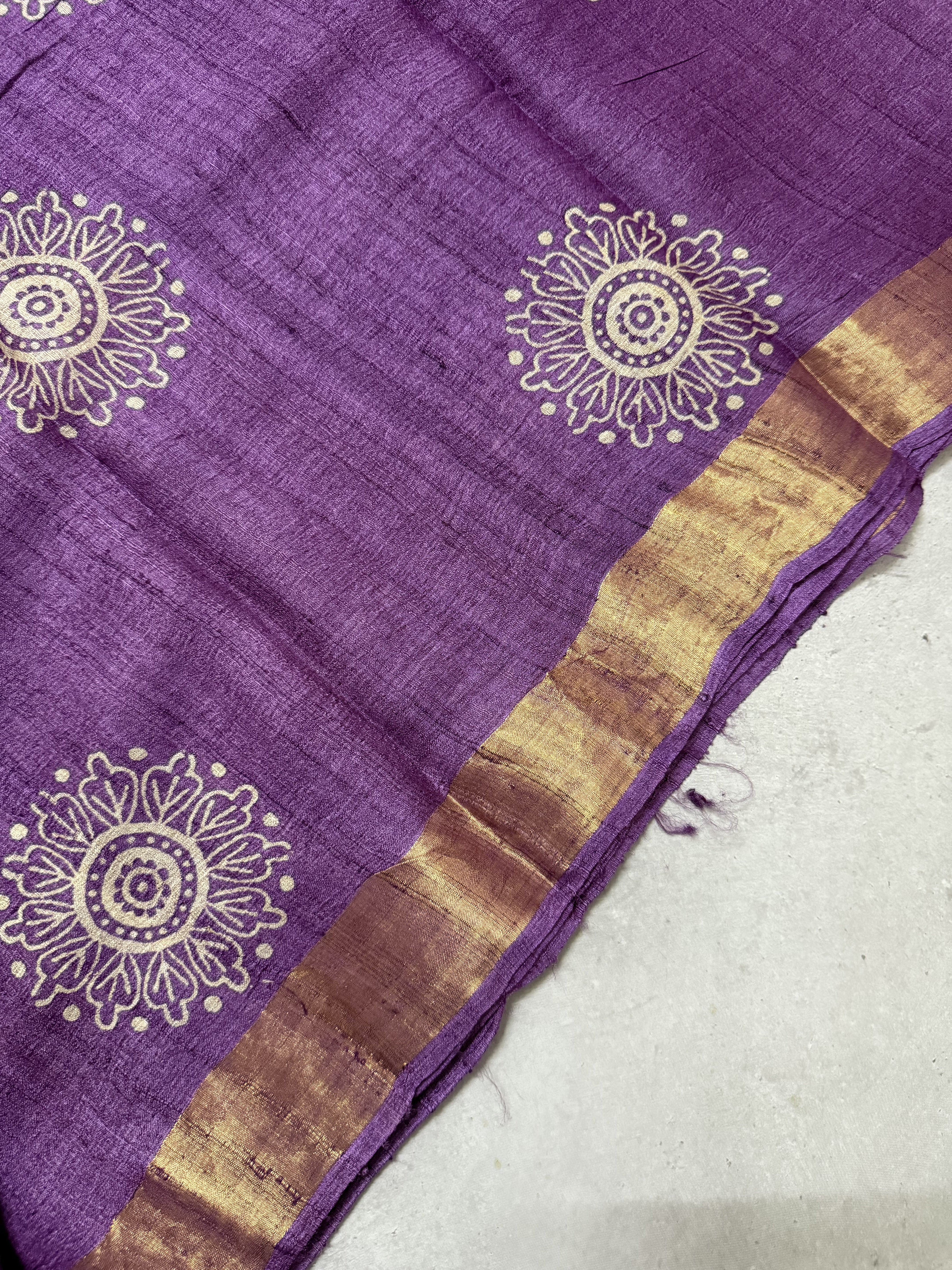 Bhanaavi | Purple Block Printed Tussar Silk Saree