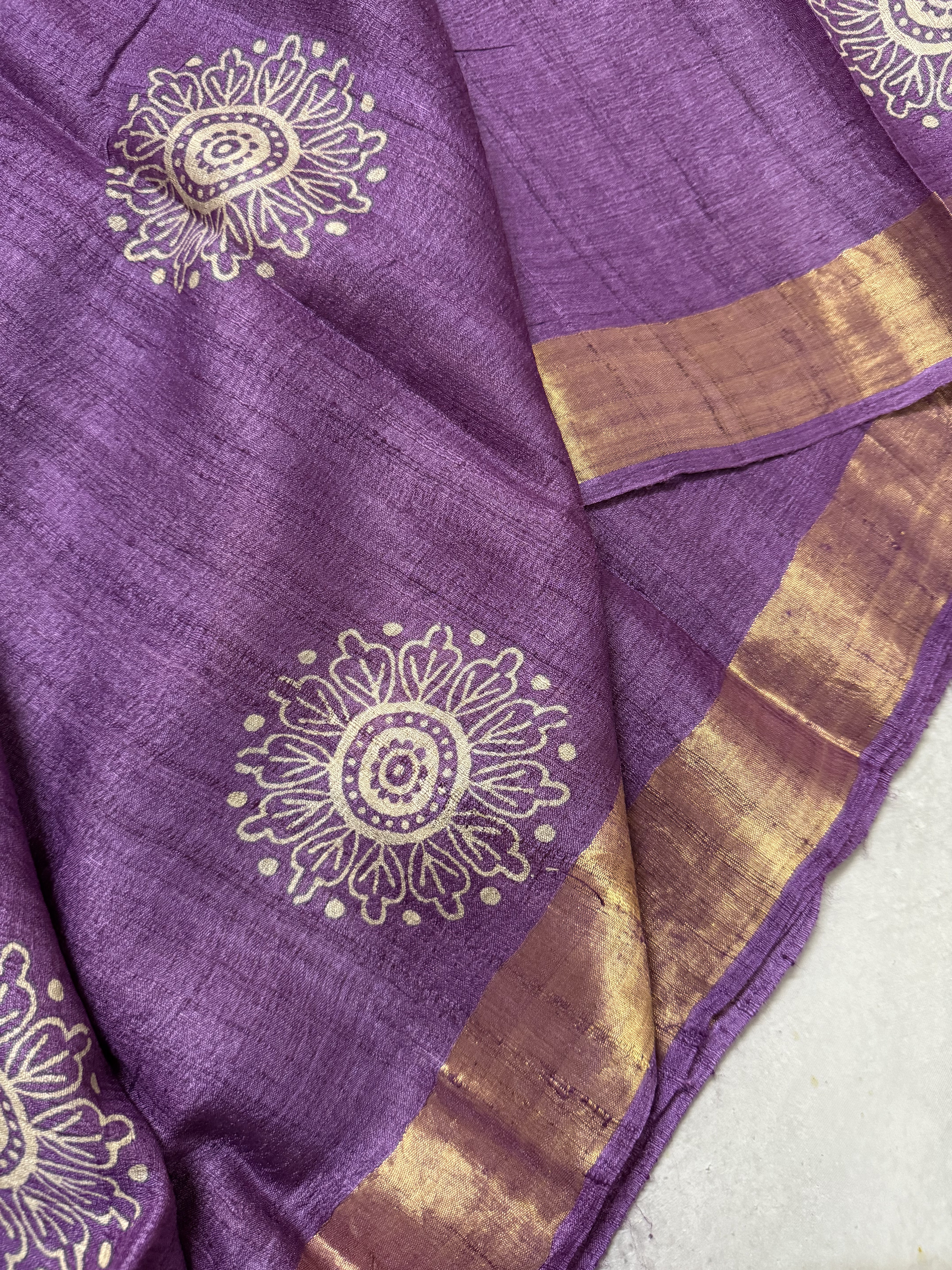 Bhanaavi | Purple Block Printed Tussar Silk Saree