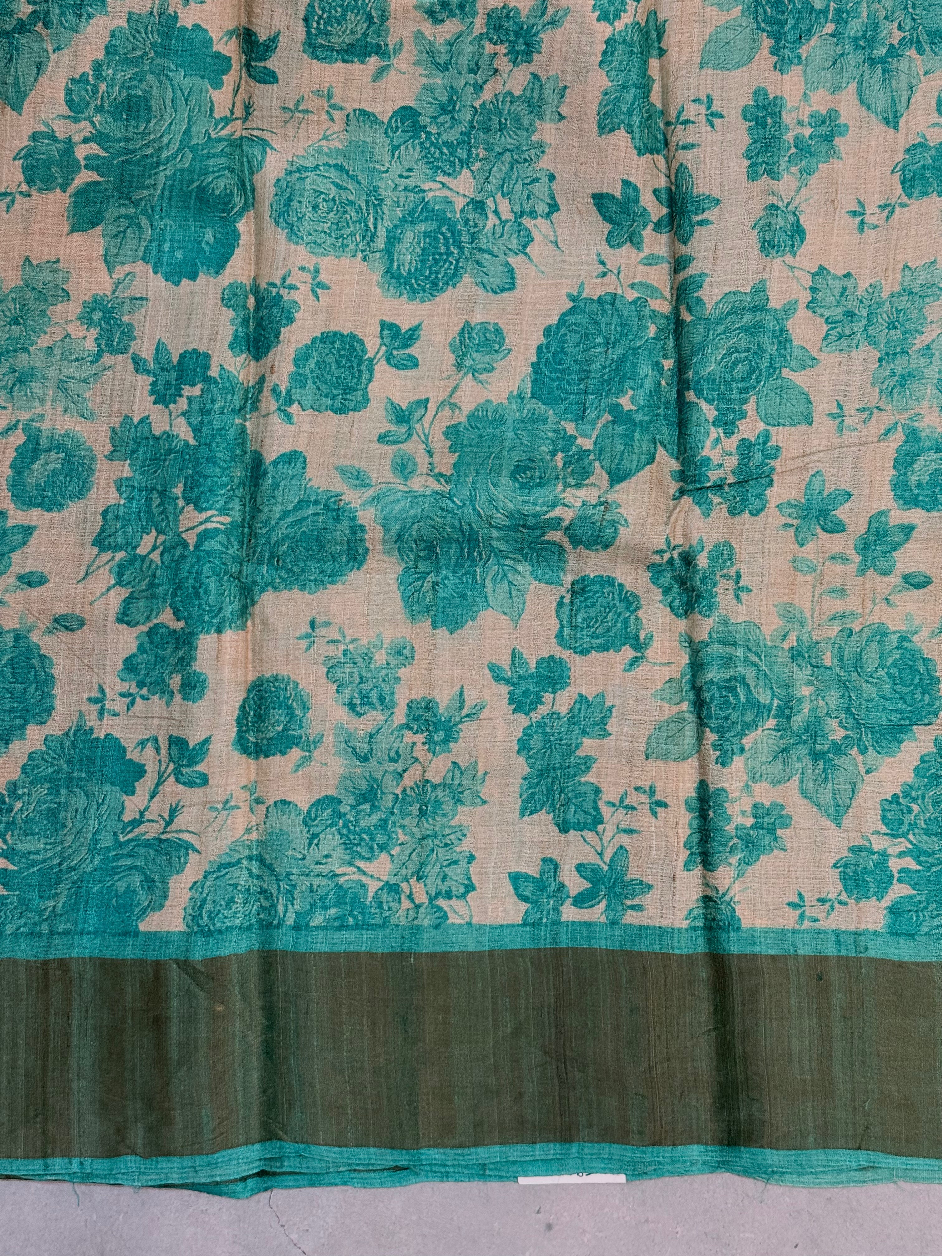 Chinmayee | Green and White Floral Printed Tussar Silk Saree