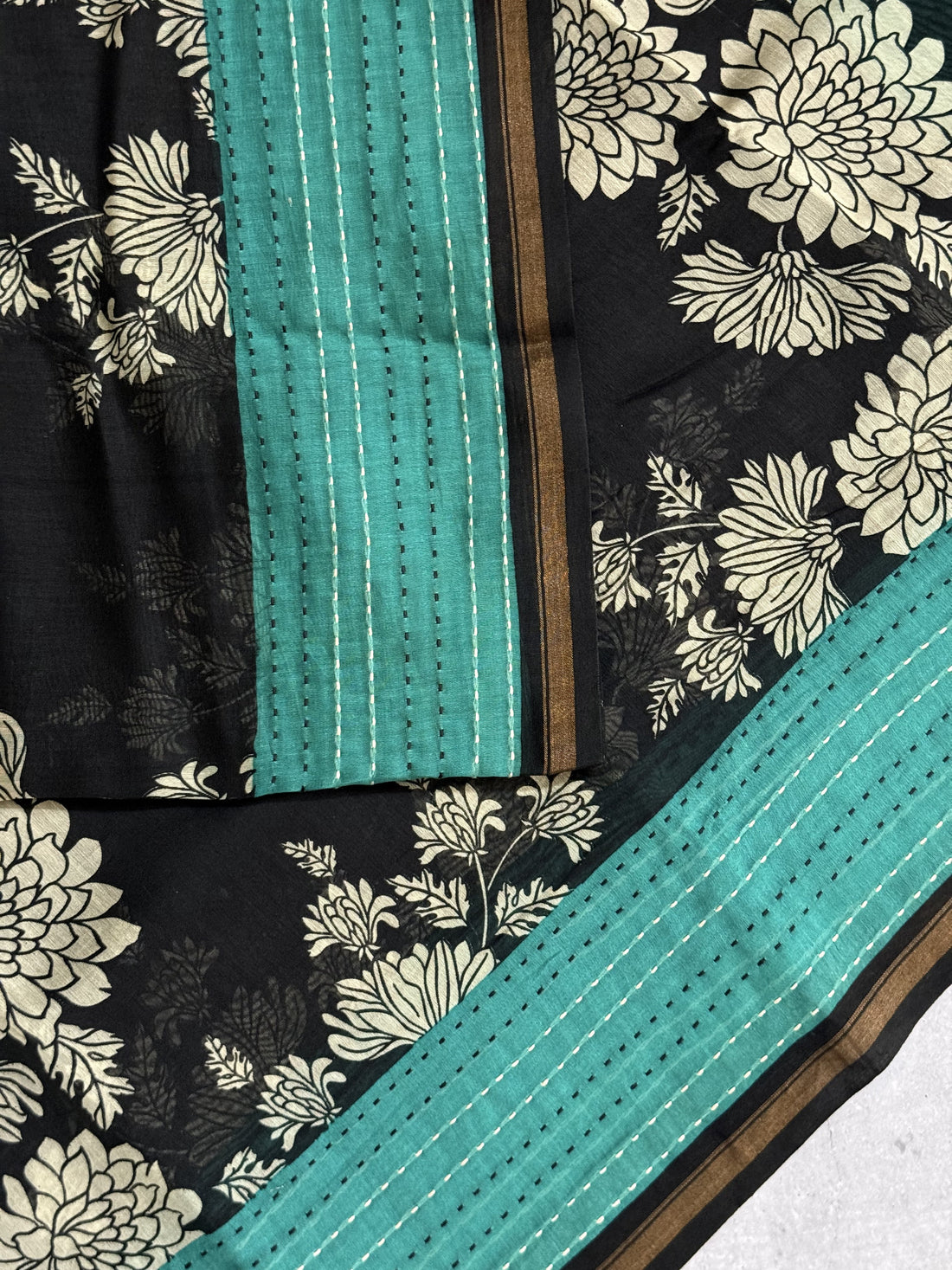 Heera | Black and Turquoise Printed Chanderi Saree