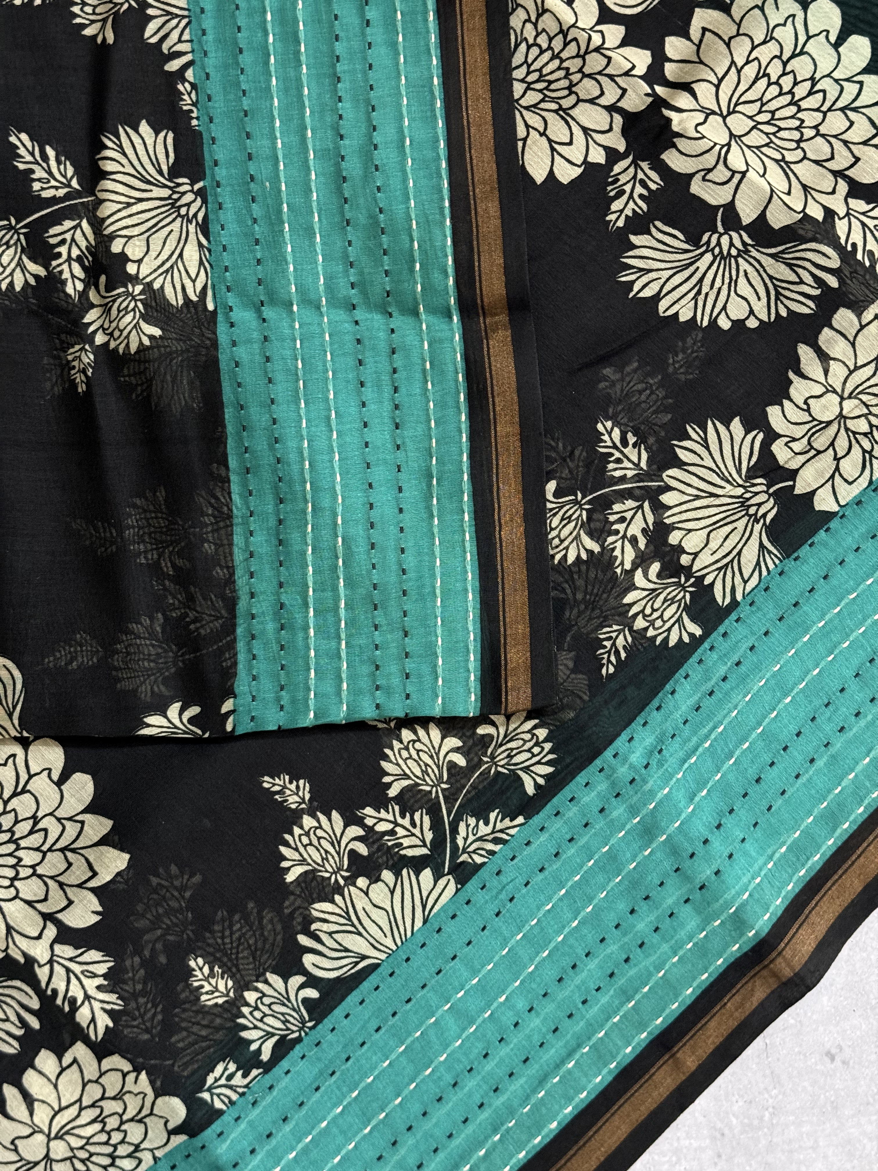 Heera | Black and Turquoise Printed Chanderi Saree