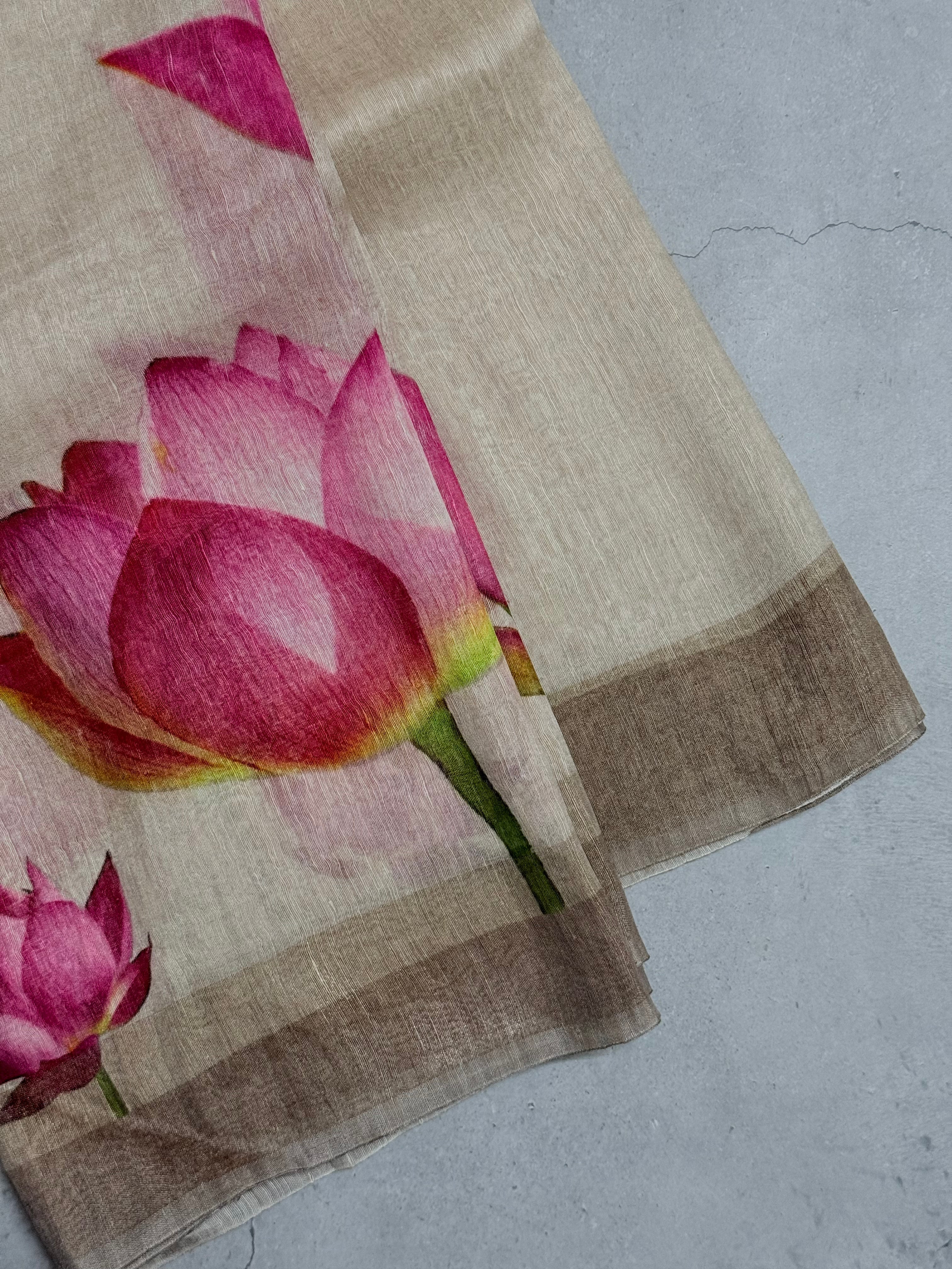 Senthmarai | Beige and Red Lotus Printed Linen Silk Saree