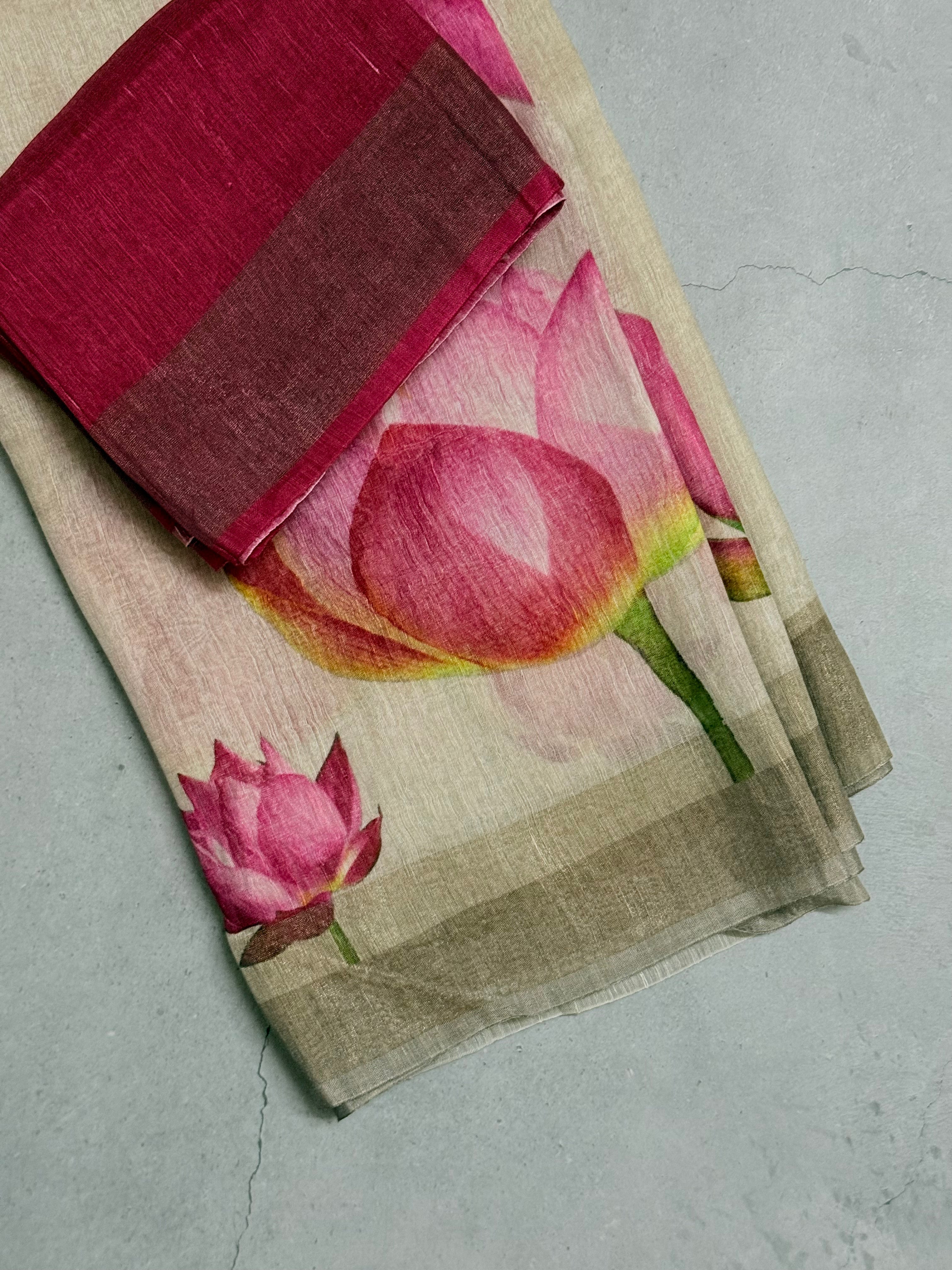 Senthmarai | Beige and Red Lotus Printed Linen Silk Saree