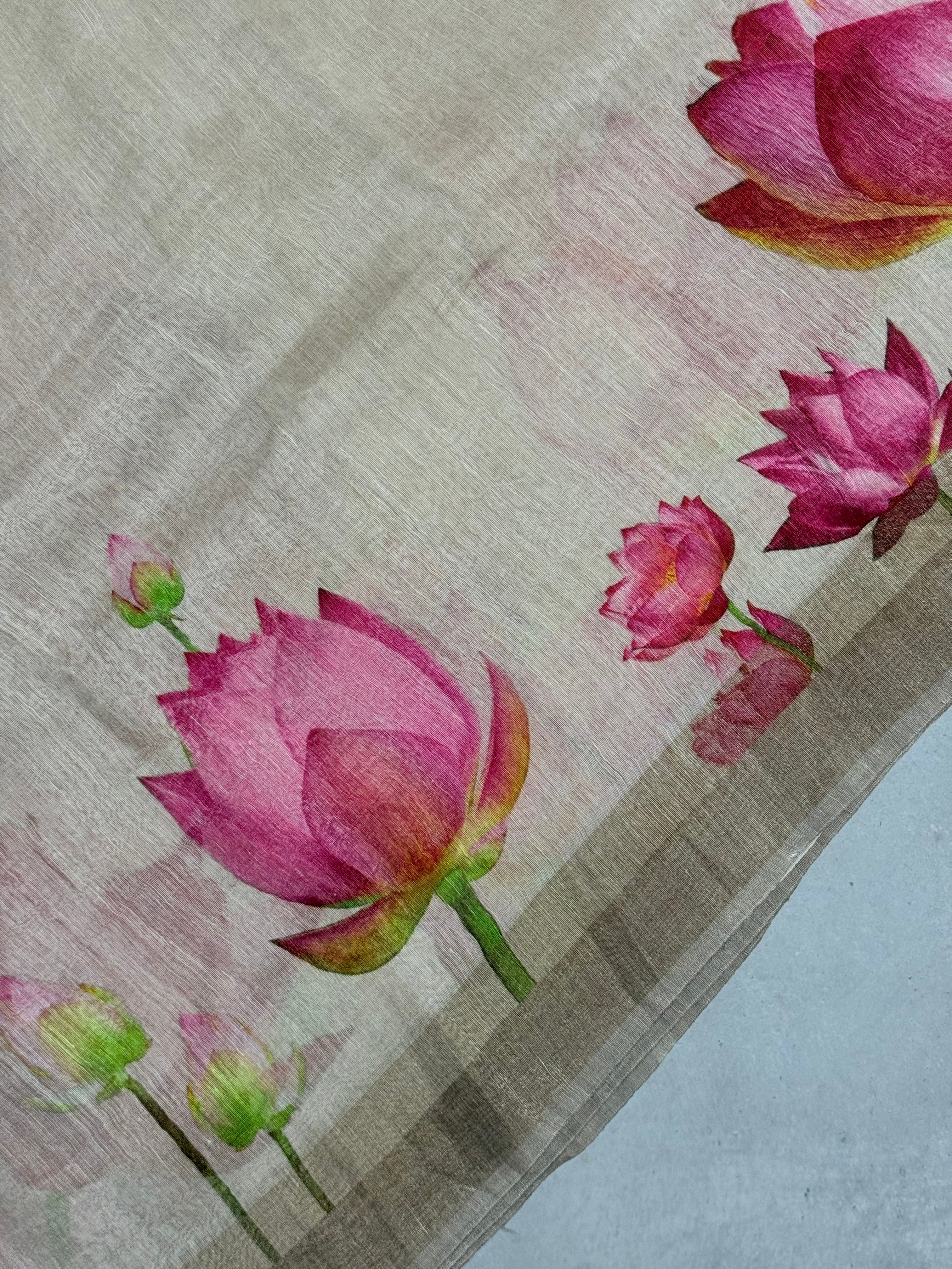 Senthmarai | Beige and Red Lotus Printed Linen Silk Saree