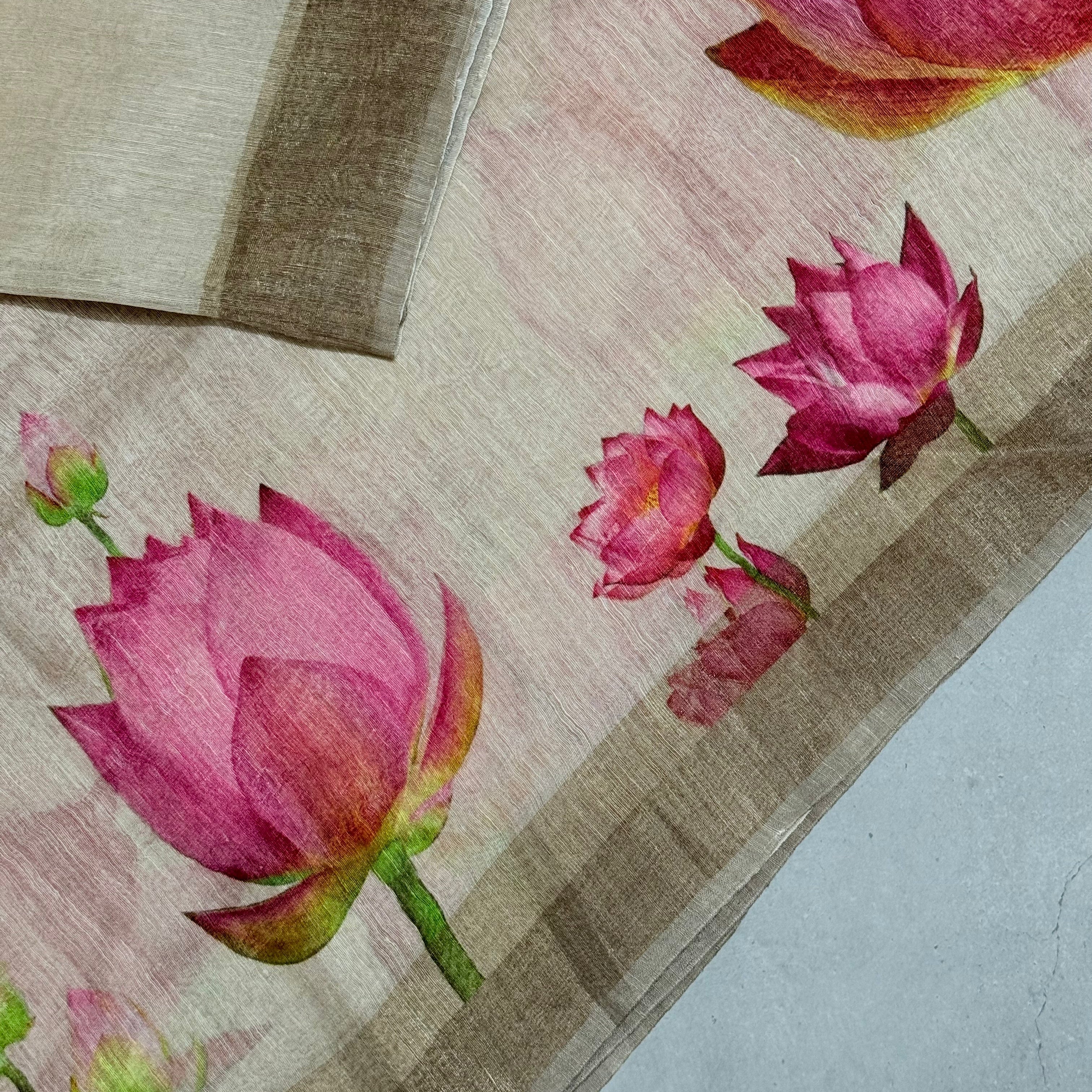 Senthmarai | Beige and Red Lotus Printed Linen Silk Saree