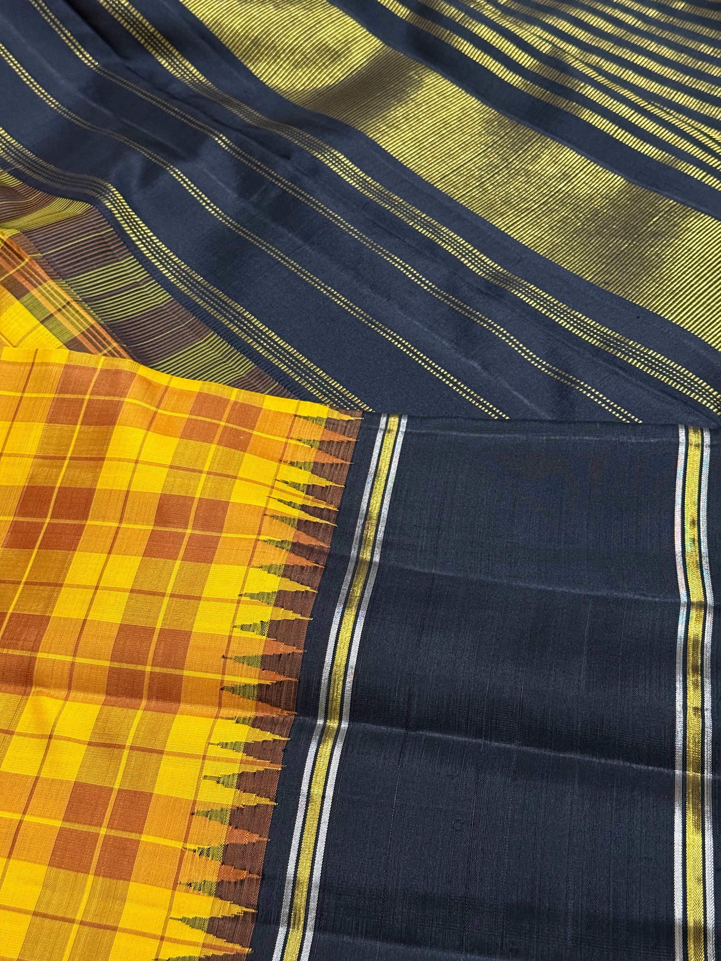 Sitaara | Mustard Yellow and Black Kanjivaram Silk Saree