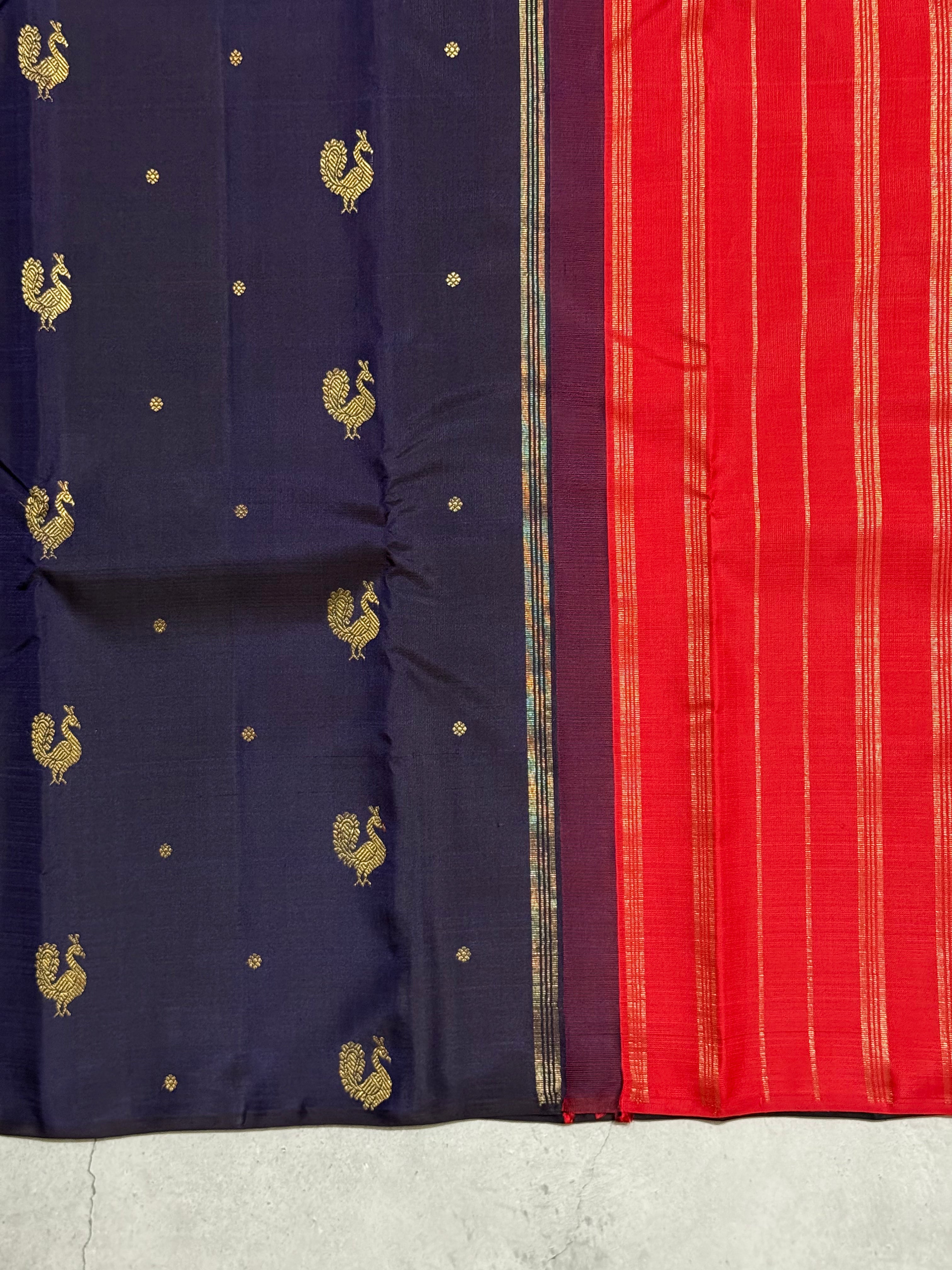 Shanaya | Navy Blue and Red Kanjivaram Silk Saree