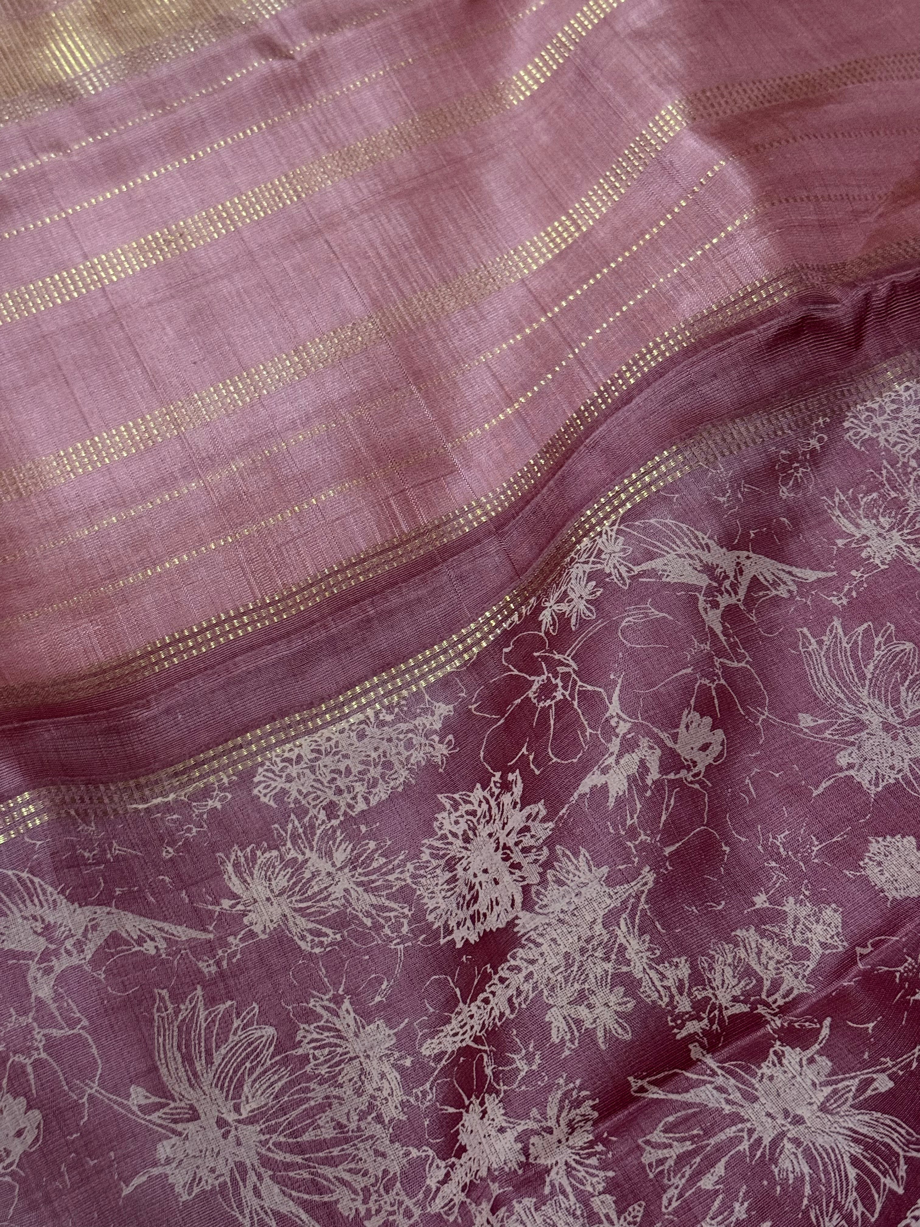 Adhiti | Onion Pink Printed Kanjivaram Kora Silk Saree