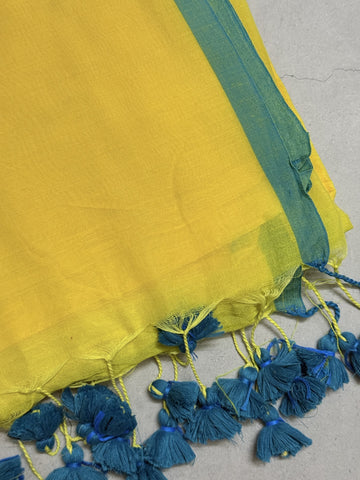 Tia | Yellow and Blue Mul Cotton Saree