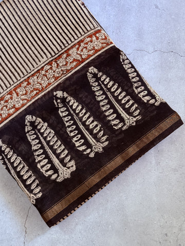 Adbhuta | Black and White Block Printed Chanderi Saree