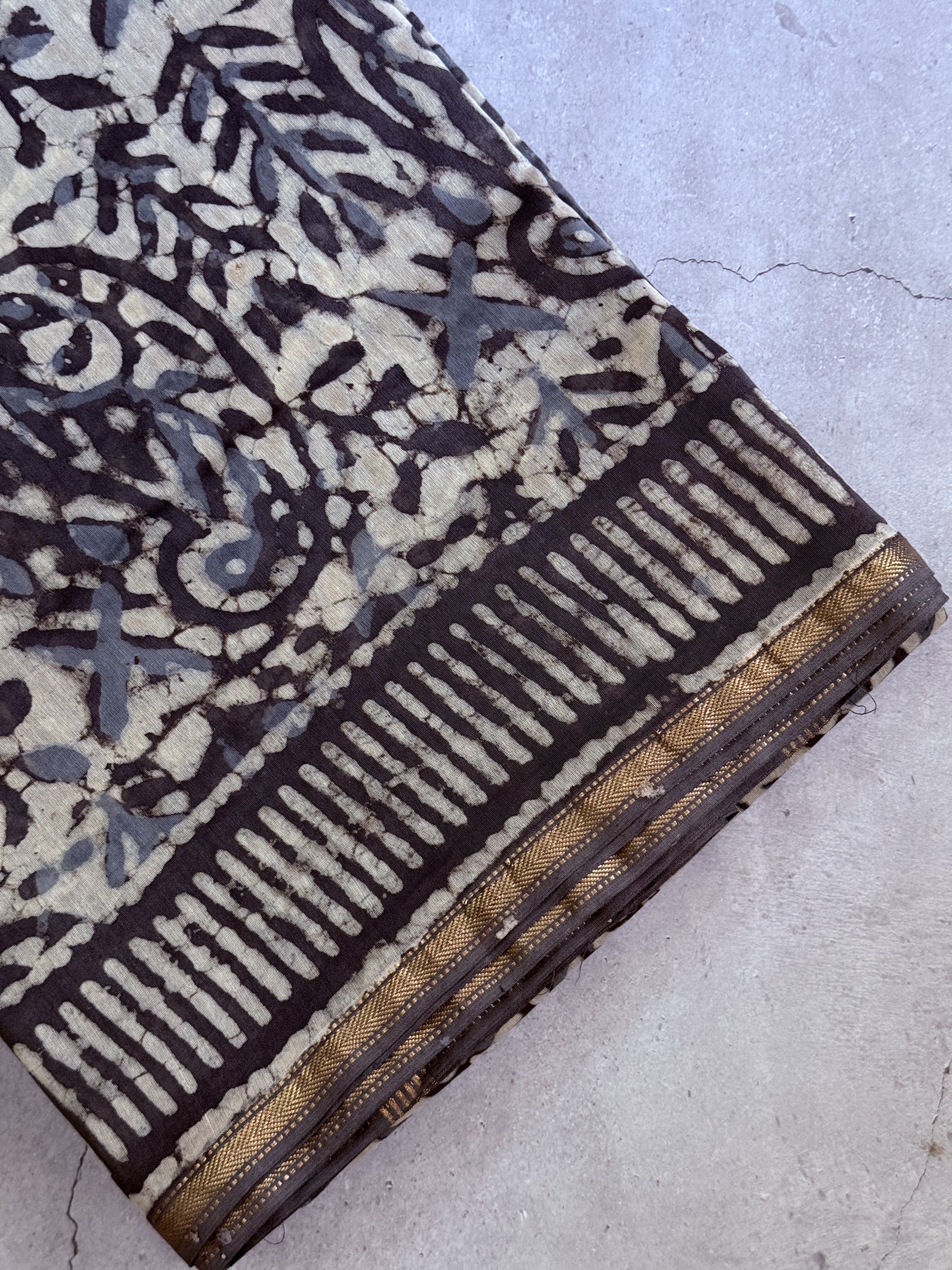 Leela | White and Grey Block Printed Chanderi Saree