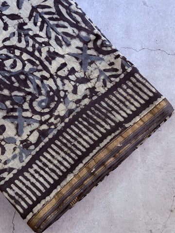 Leela | White and Grey Block Printed Chanderi Saree