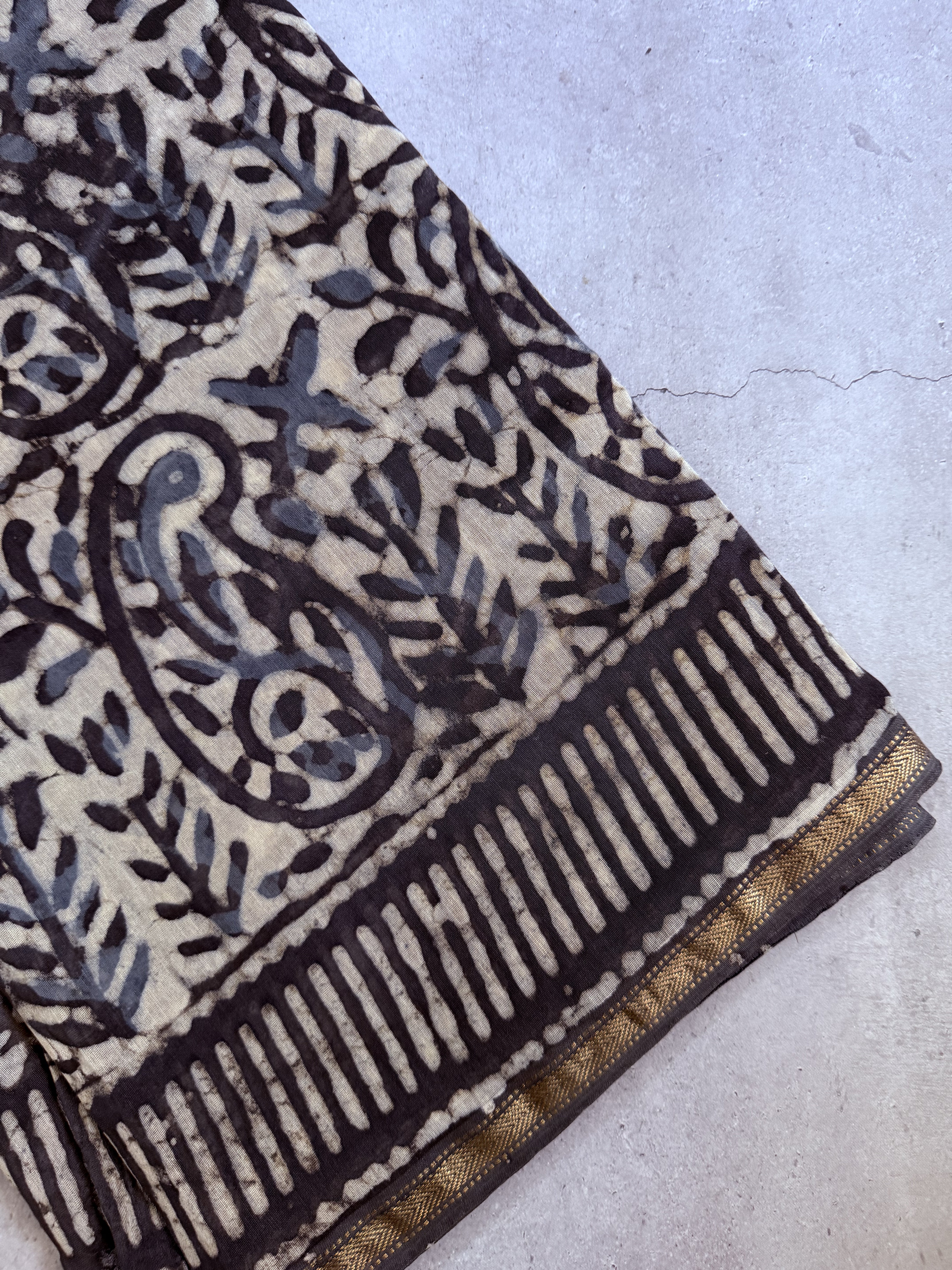 Leela | White and Grey Block Printed Chanderi Saree